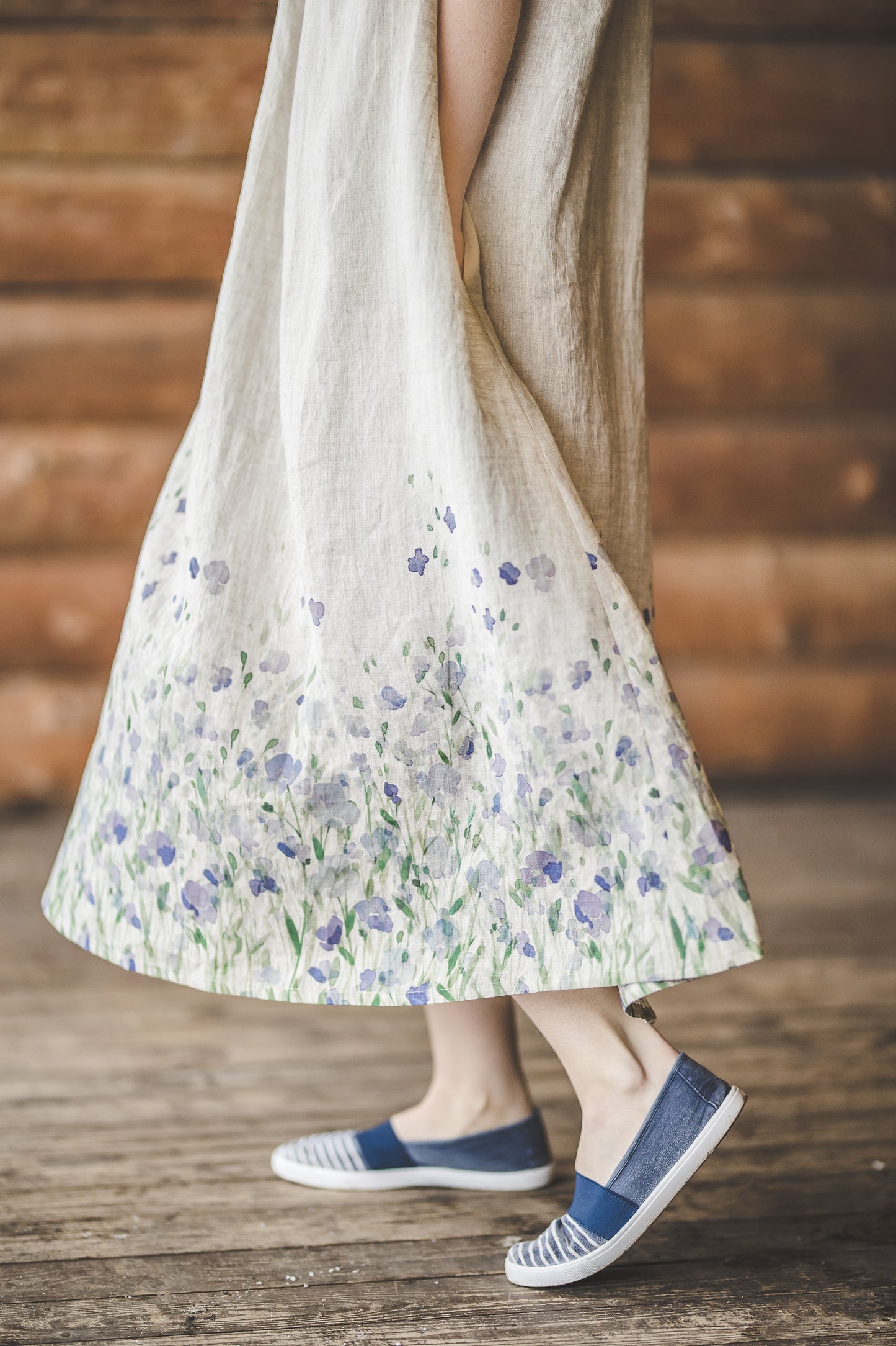 RASA short sleeves maxi linen dress with Linen field print