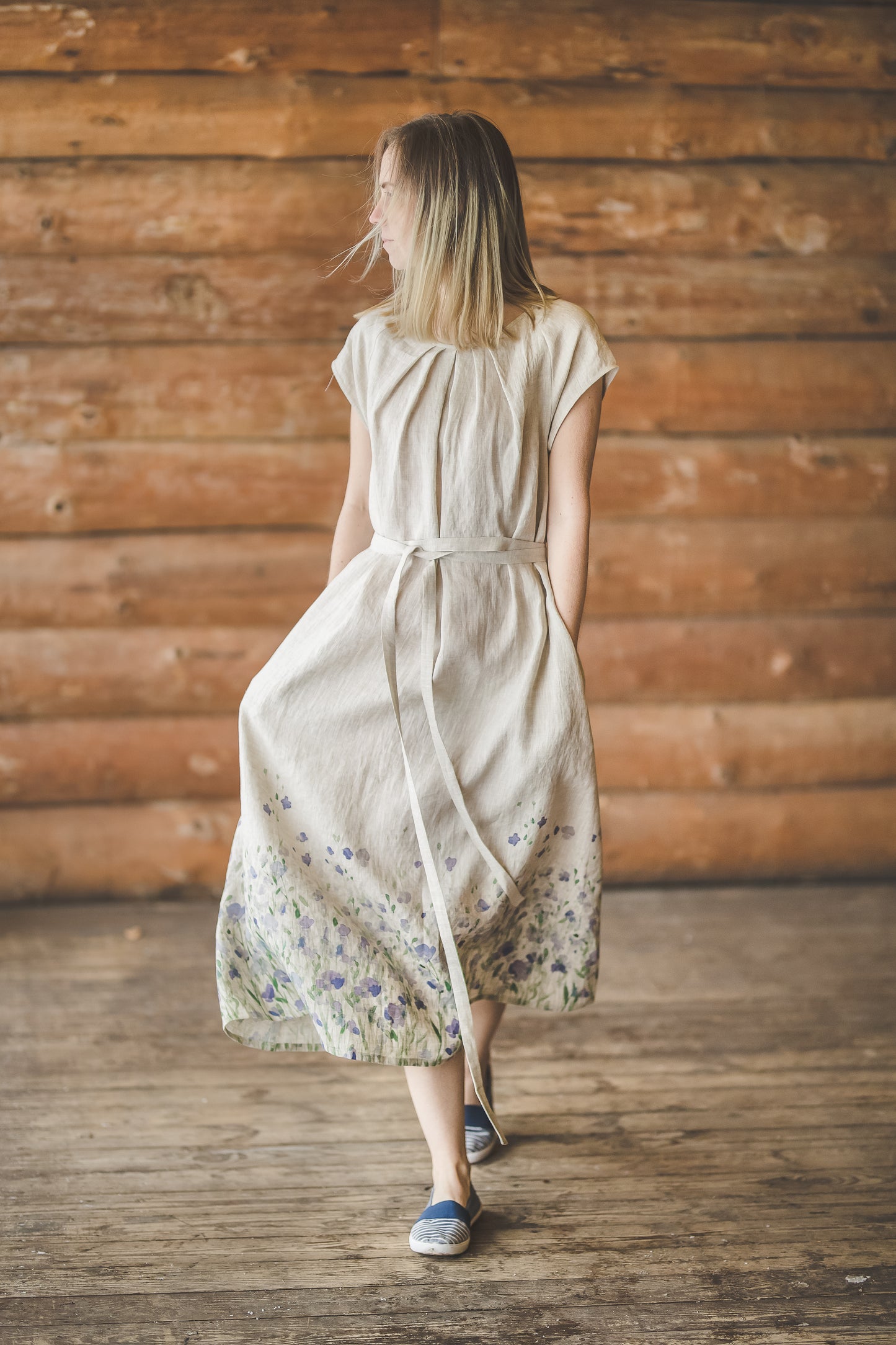 RASA short sleeves maxi linen dress with Linen field print