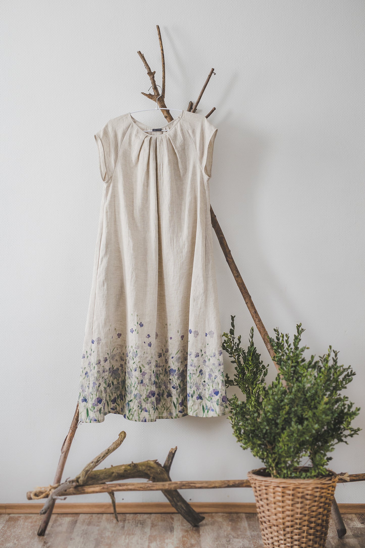 RASA short sleeves maxi linen dress with Linen field print