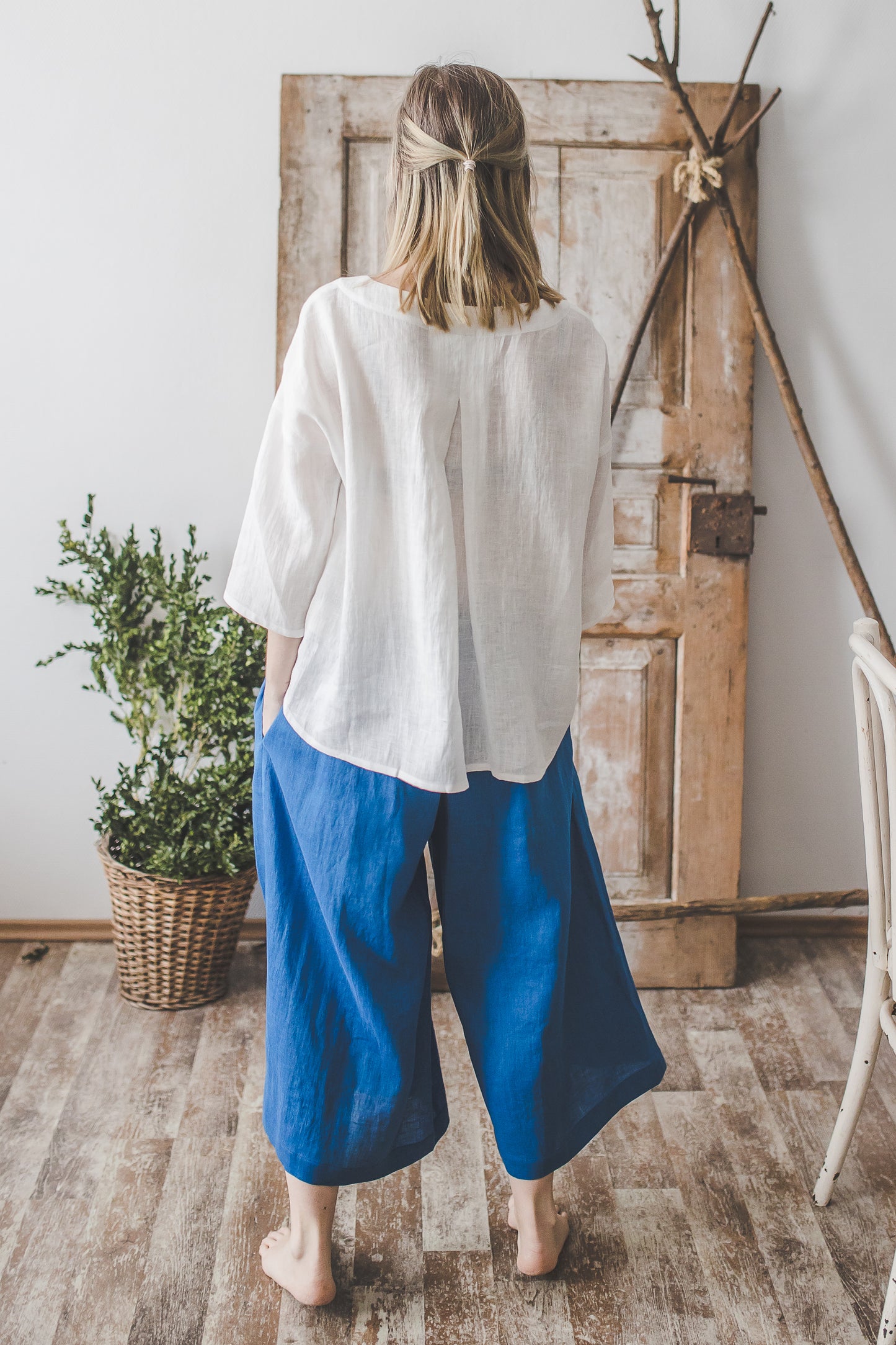 GAIVA wide leg linen pants in Azure blue