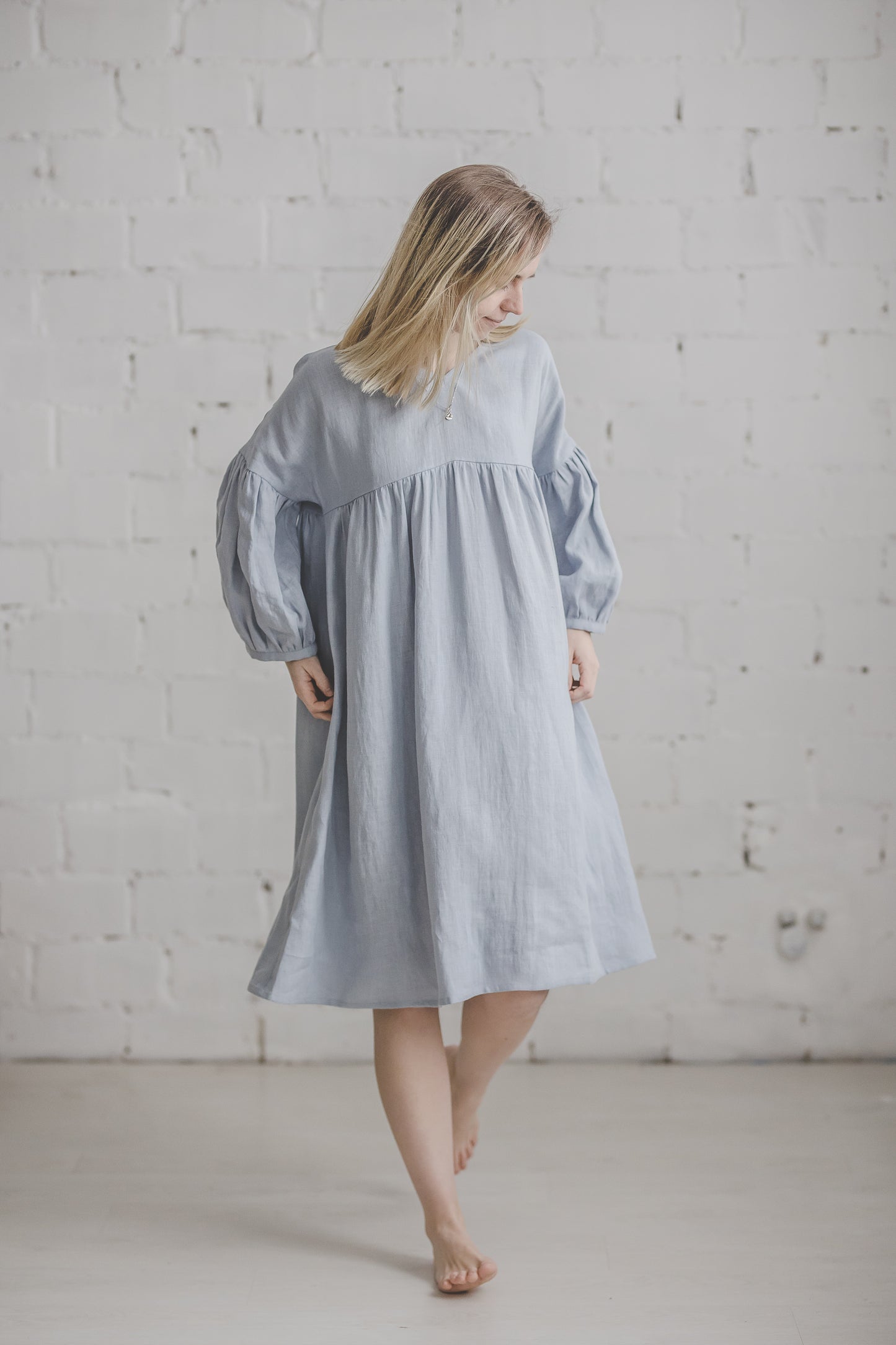 SVAJA ruffled linen smock dress in Sky blue