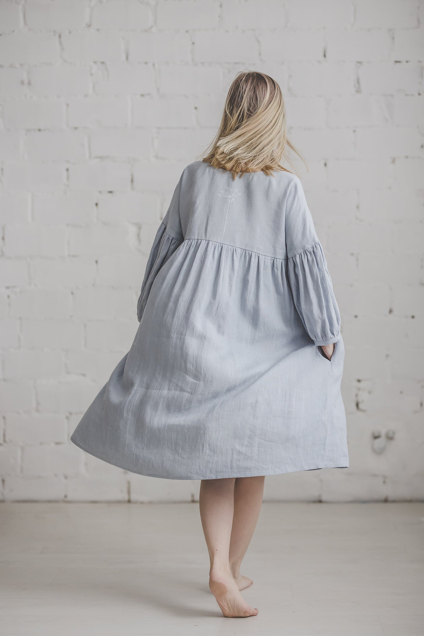 SVAJA ruffled linen smock dress in Sky blue