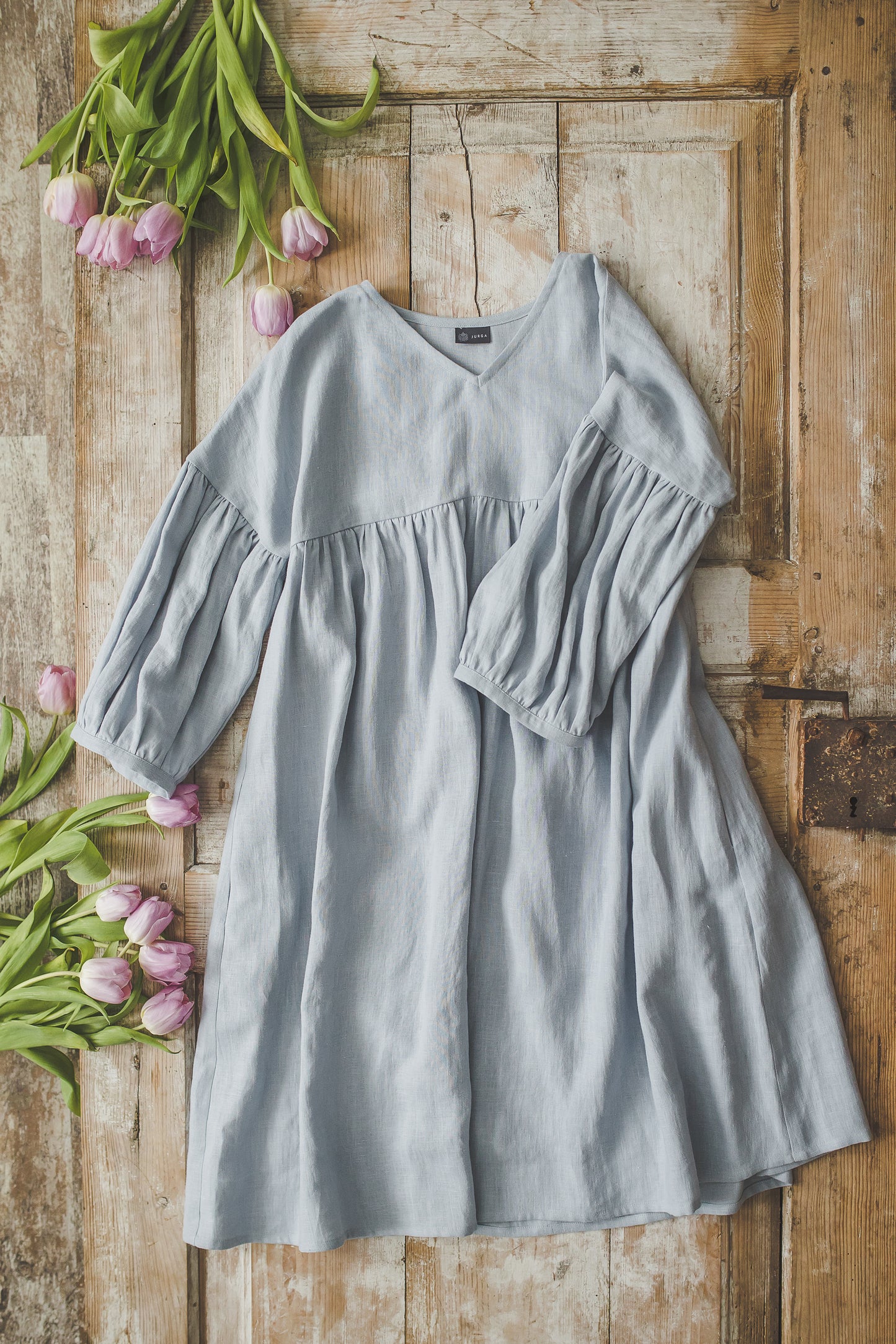 SVAJA ruffled linen smock dress in Sky blue