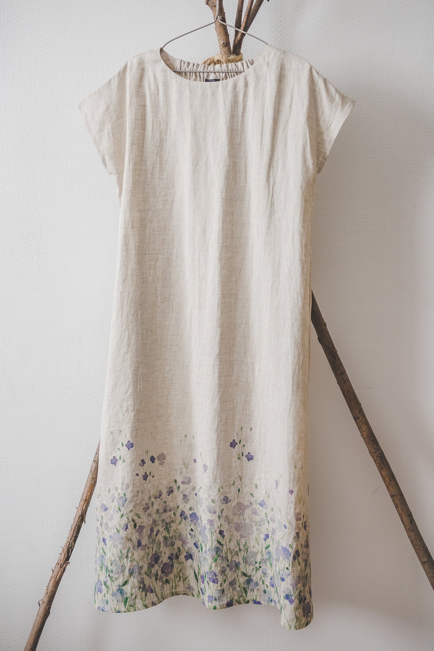 PIEVA short sleeves maxi linen dress with Linen field print