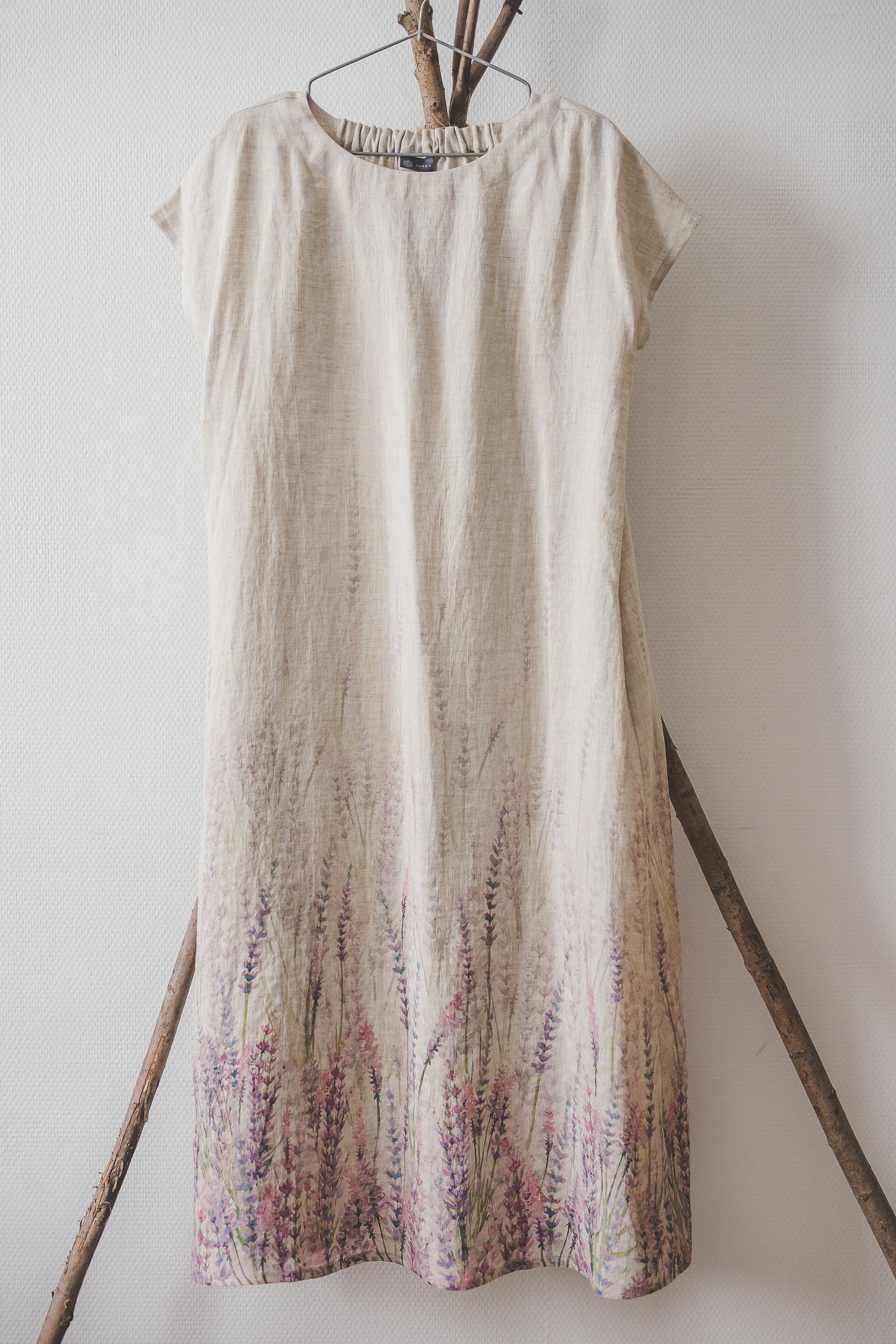 PIEVA short sleeves maxi linen dress with Lavender print