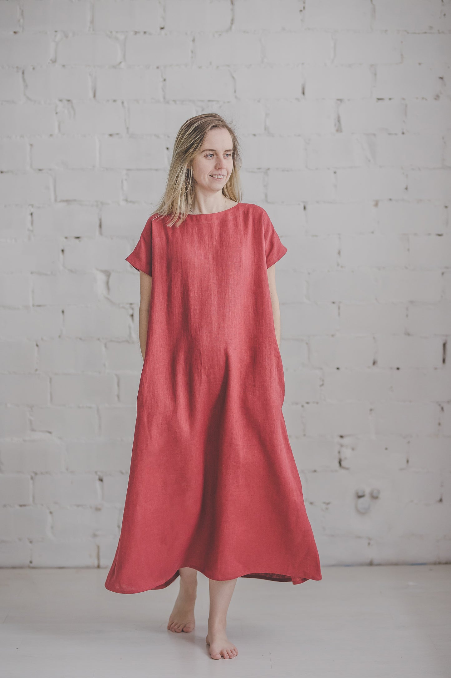 PIEVA short sleeves maxi linen dress in Watermelon color