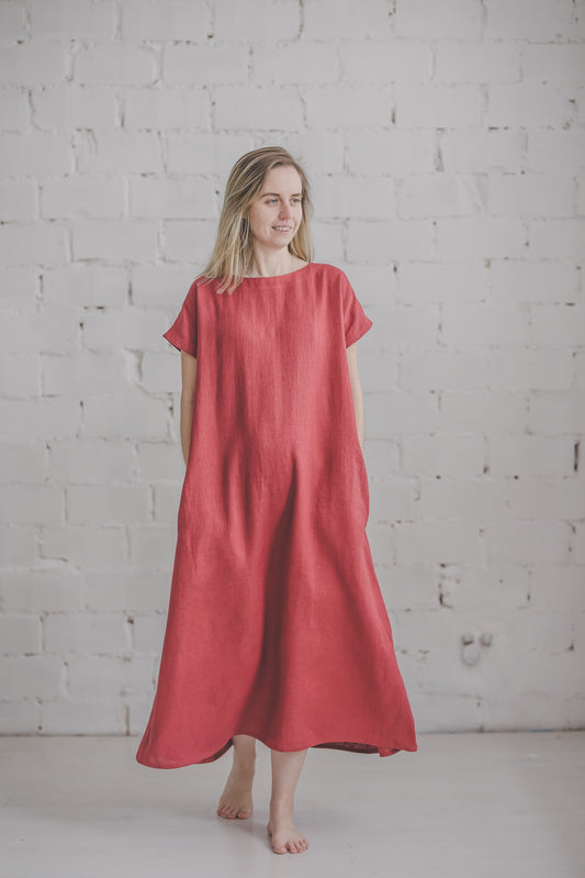 PIEVA short sleeves maxi linen dress in Watermelon color