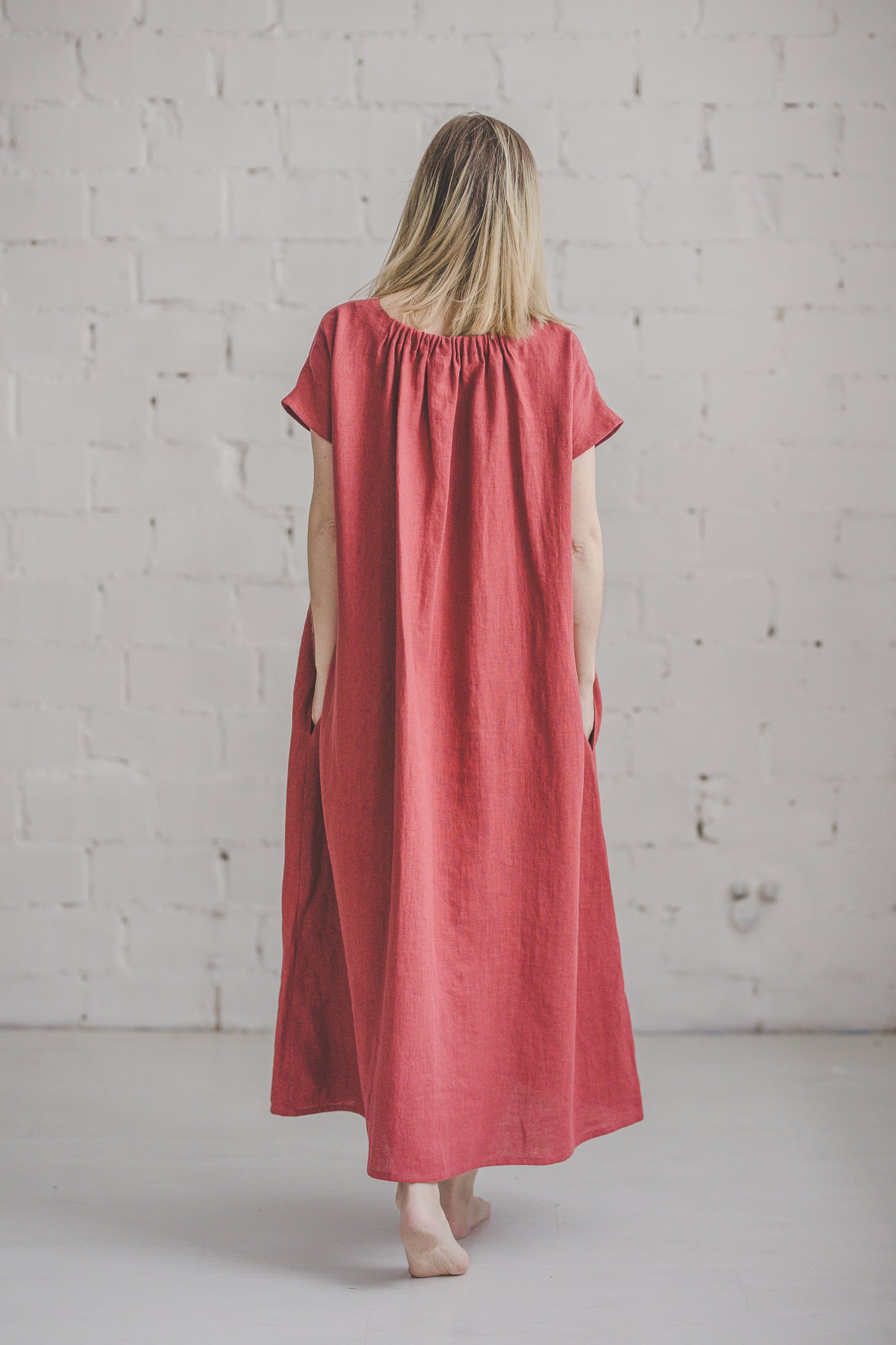 PIEVA short sleeves maxi linen dress in Watermelon color