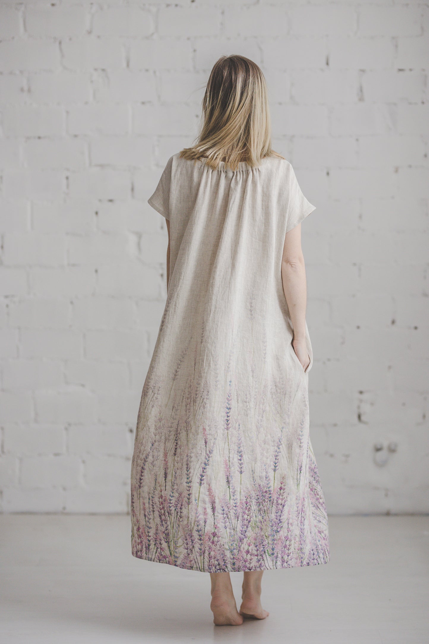 PIEVA short sleeves maxi linen dress with Lavender print