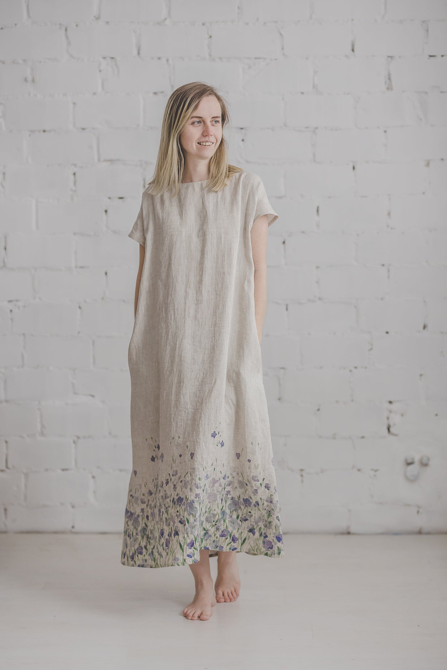 PIEVA short sleeves maxi linen dress with Green Forest print