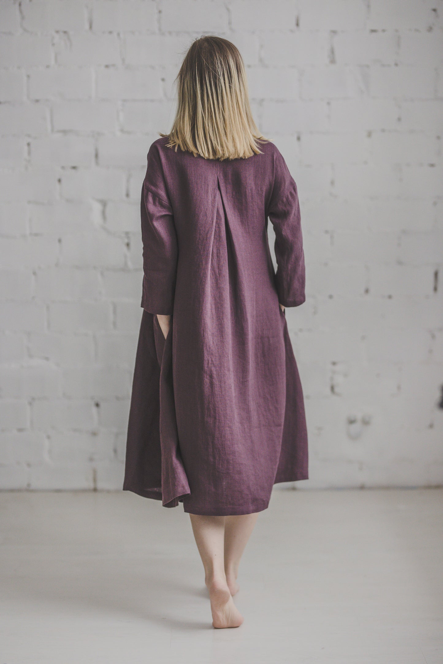 SUTEMA front buttons 3/4 sleeves linen shirtdress in Eggplant color