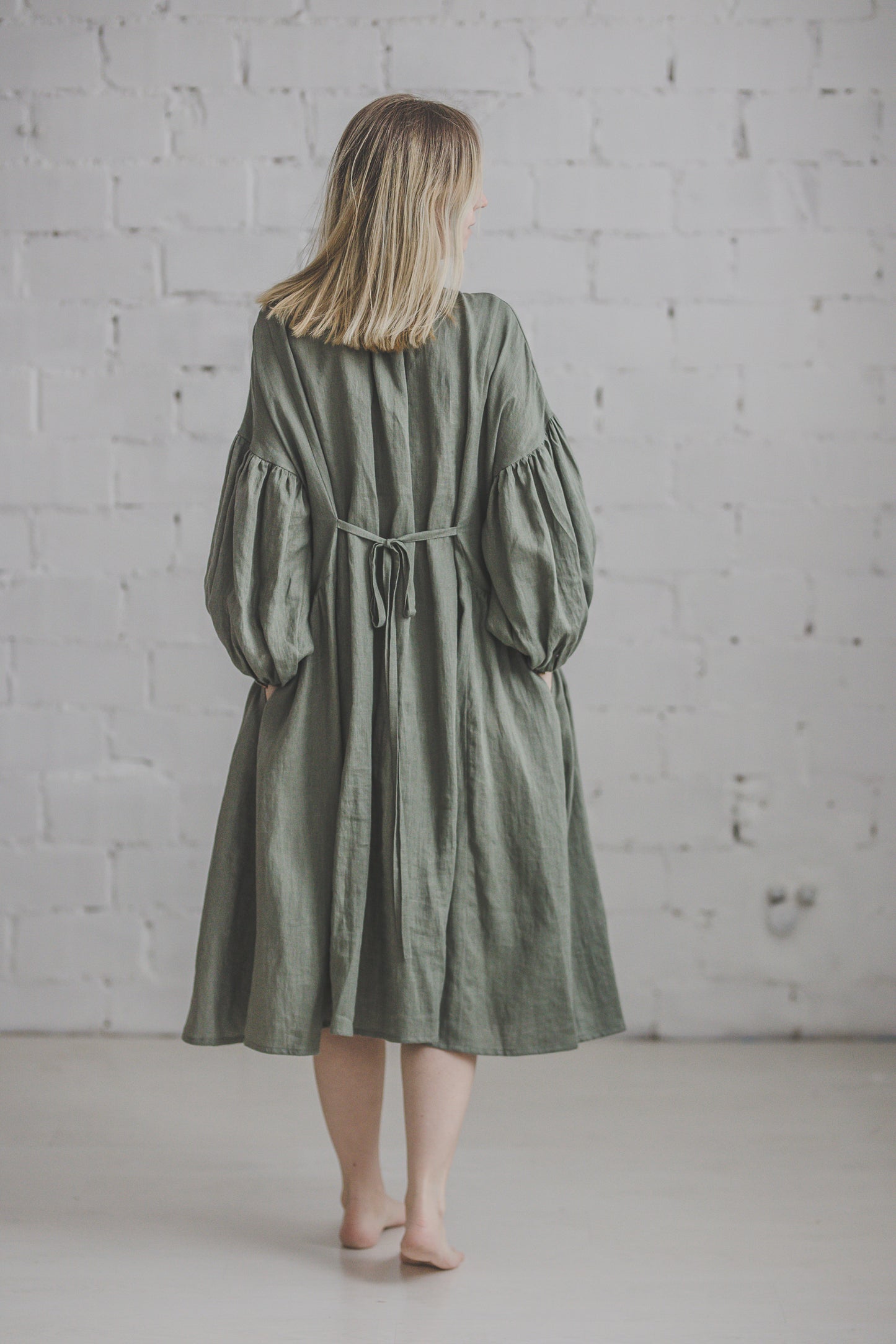 LAUME ruffled linen dress in Olive color