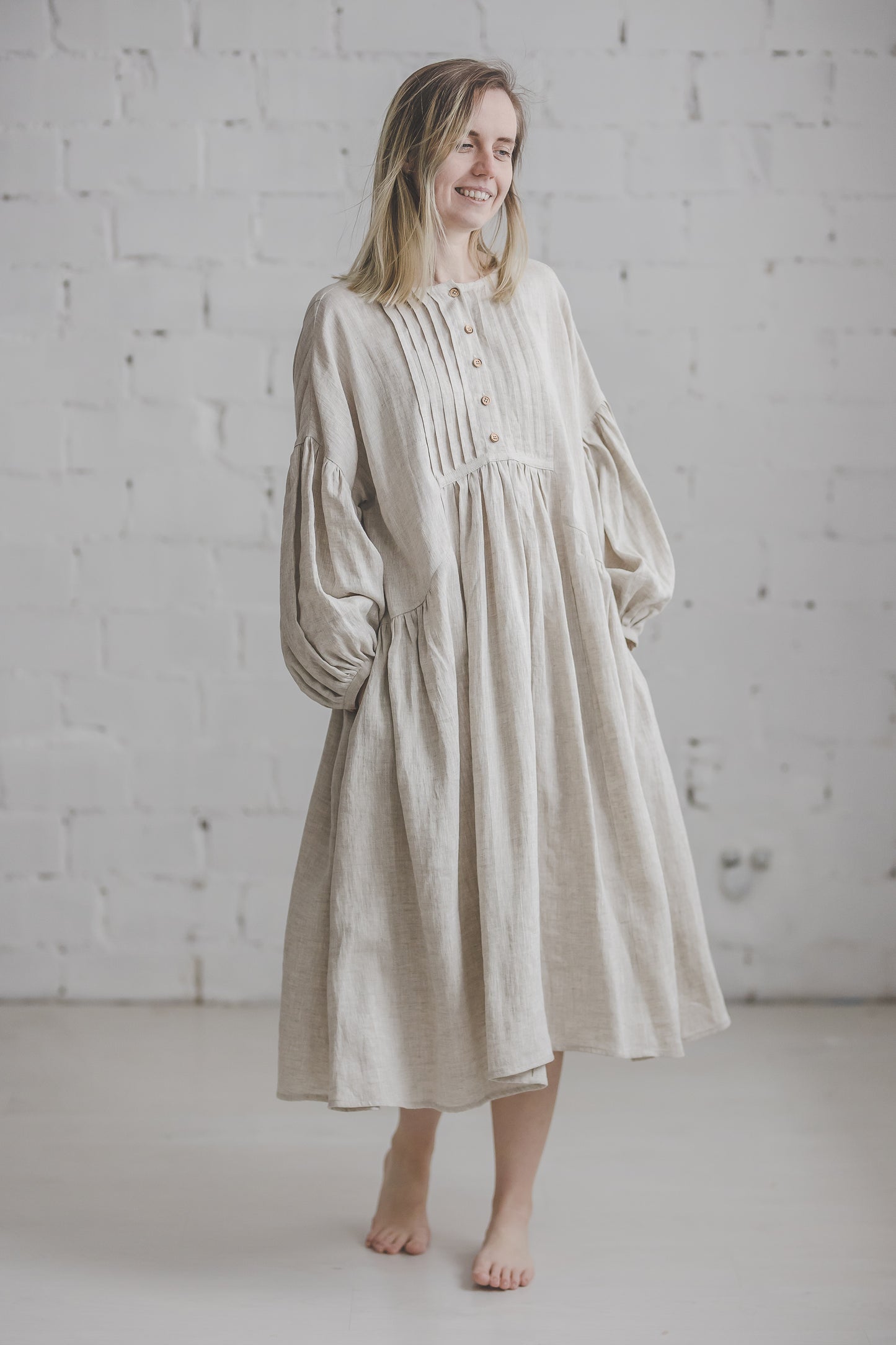 LAUME ruffled linen dress in Natural linen color