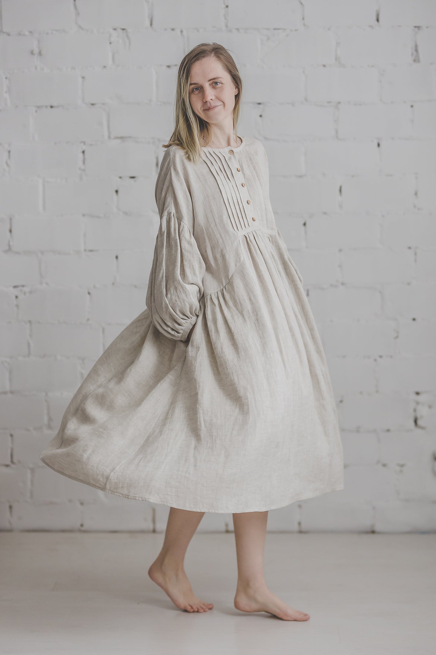 LAUME ruffled linen dress in Natural linen color