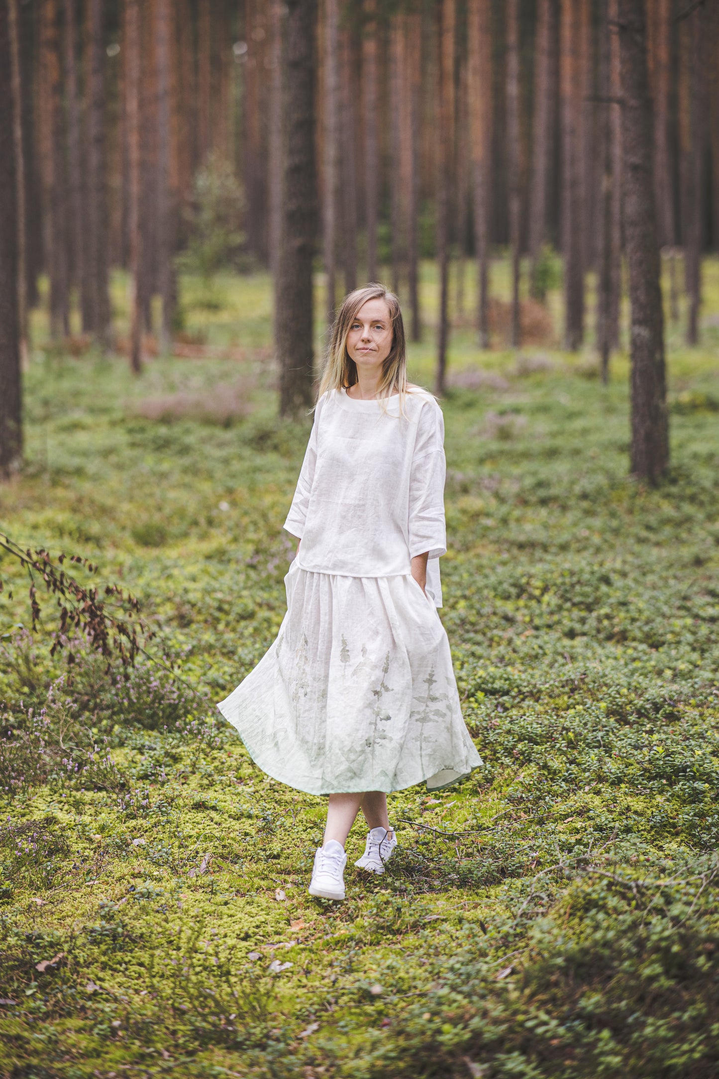 DAINA circle midi linen skirt with Green Ombre Forest print