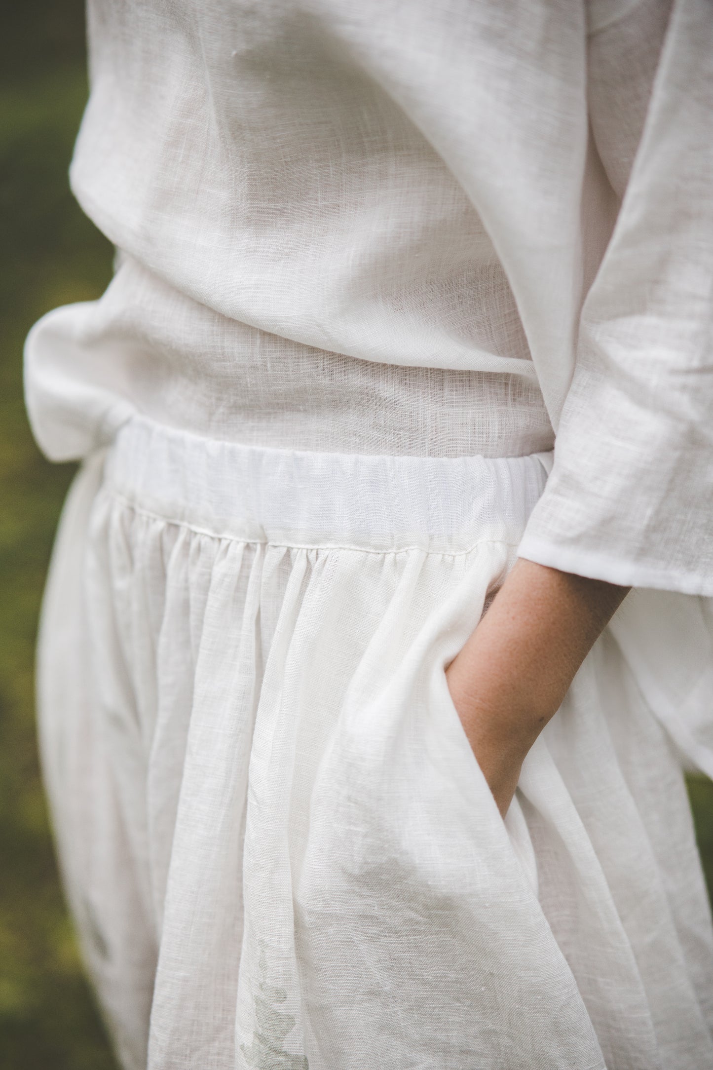 DAINA circle midi linen skirt with Green Ombre Forest print