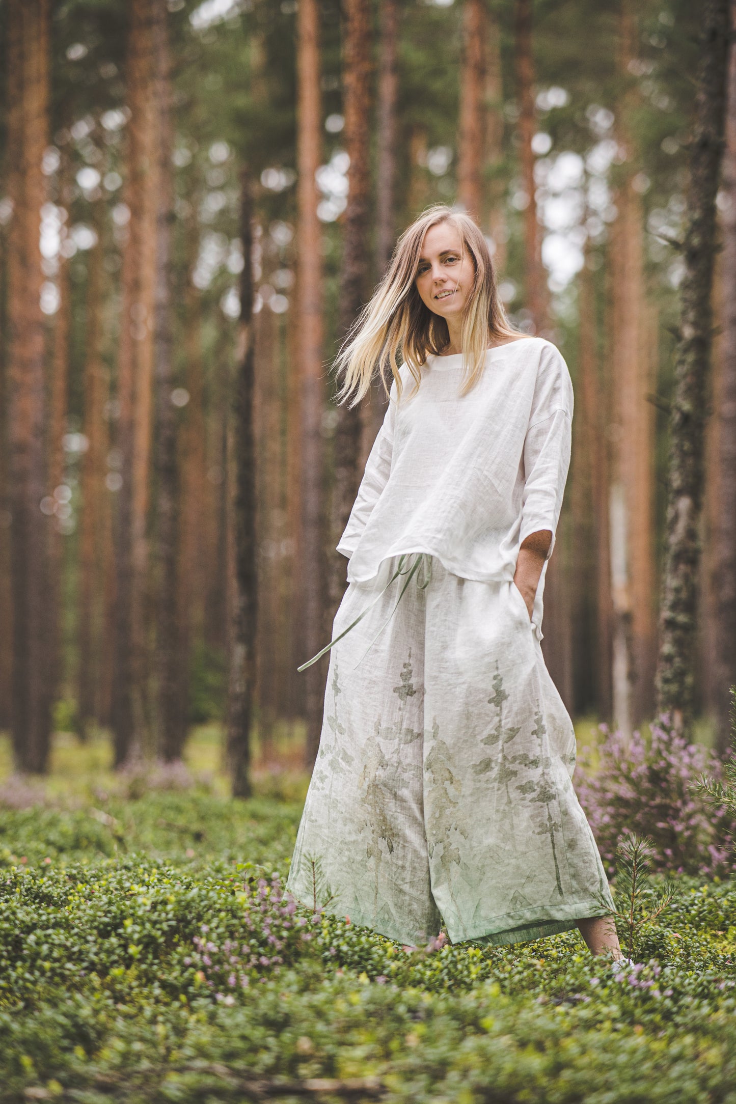 oversized linen culottes with ombre forest print