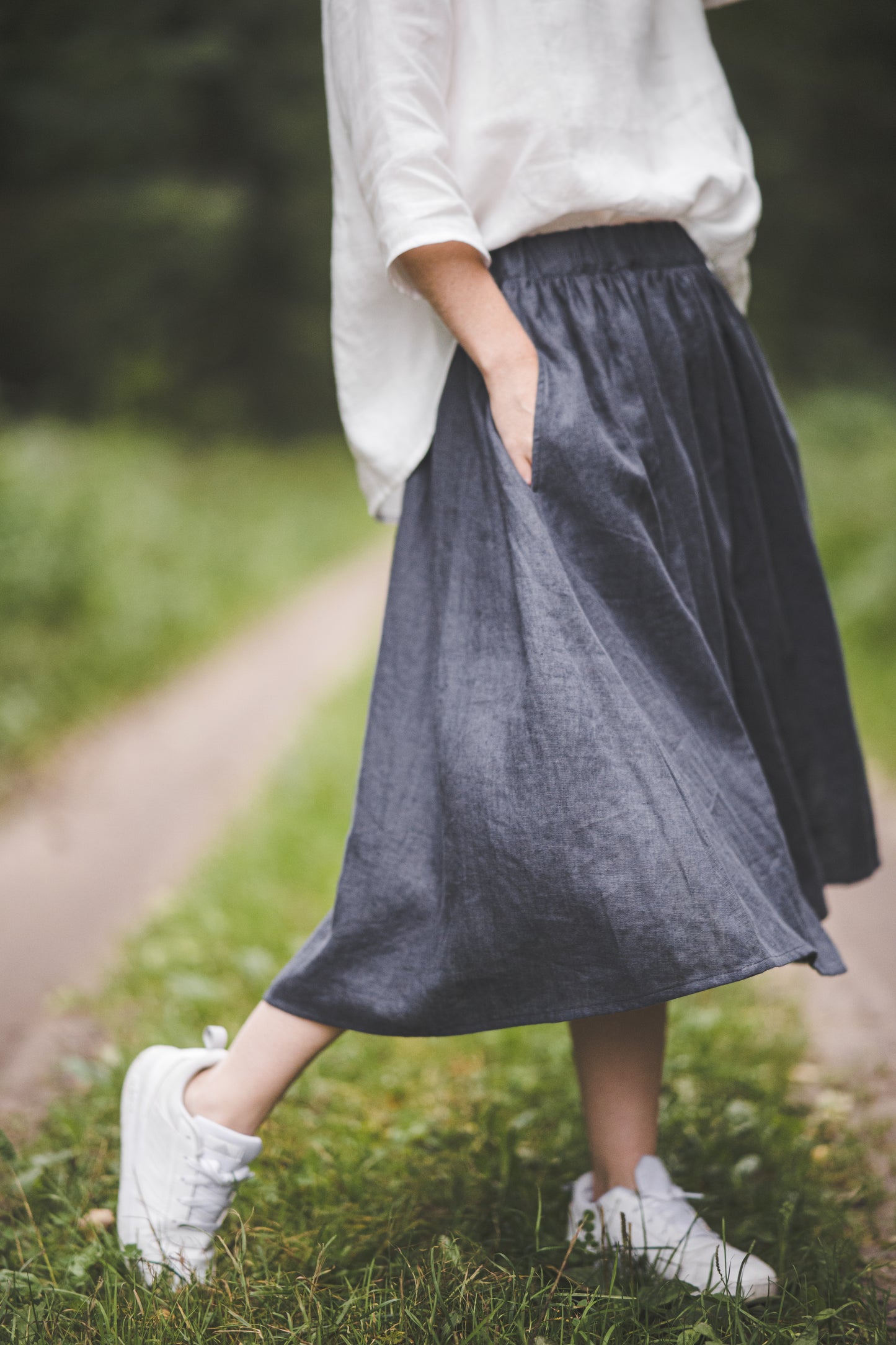 DAINA circle midi linen skirt with Linen field print