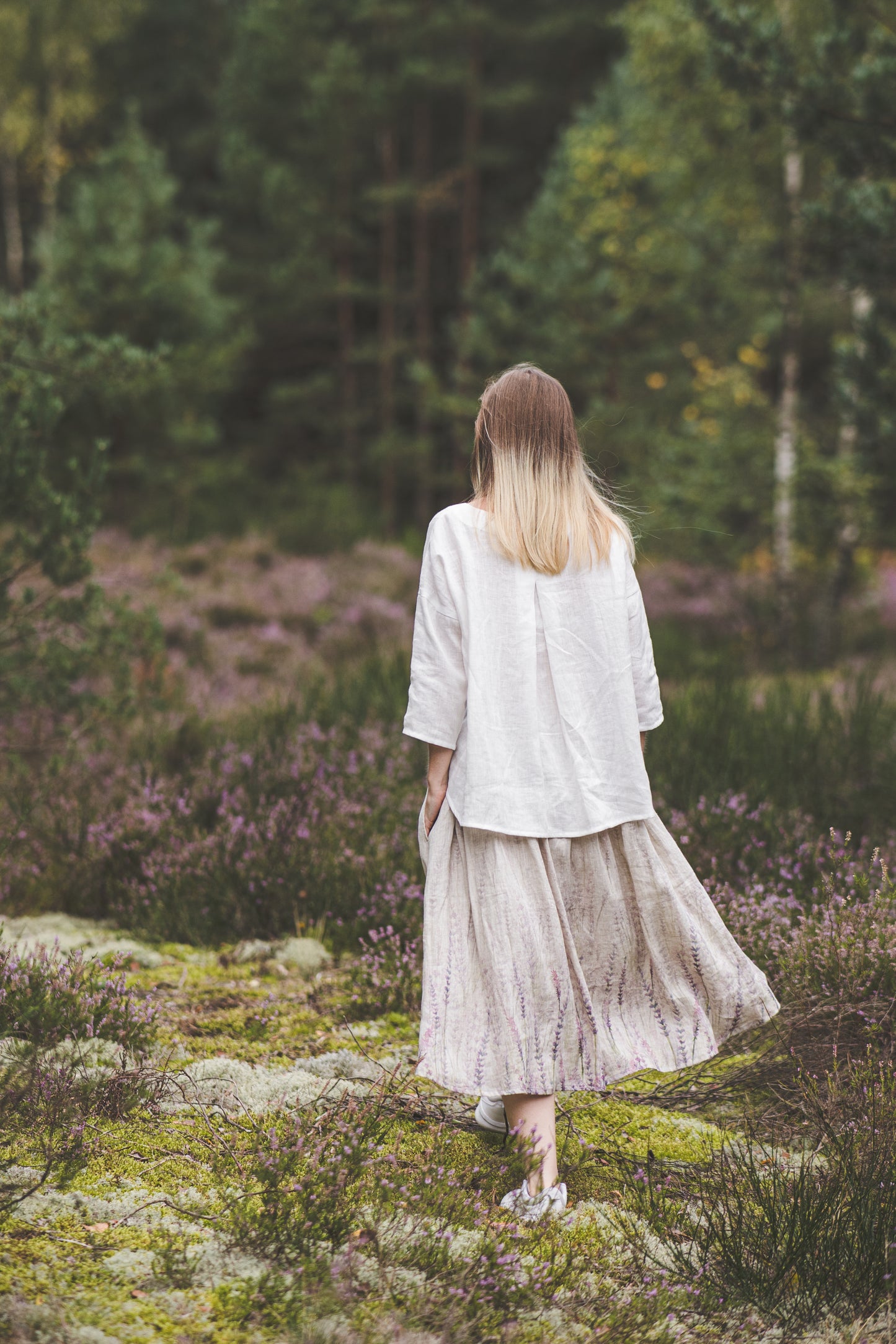 DAINA circle midi linen skirt with Lavender print