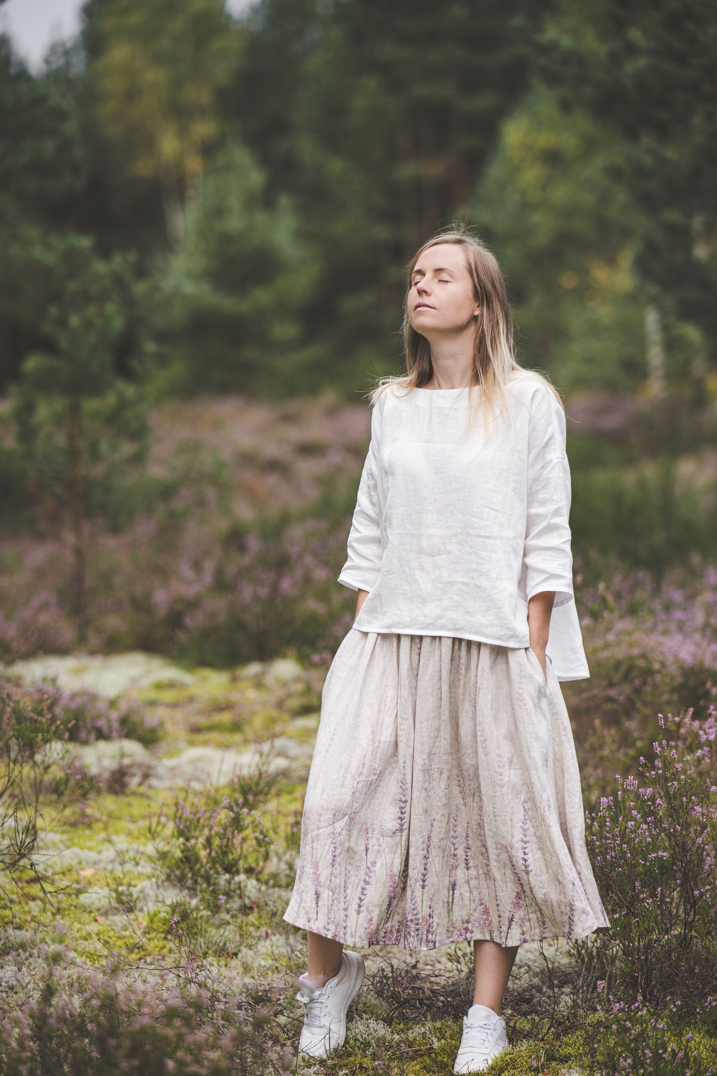 DAINA circle midi linen skirt with Lavender print