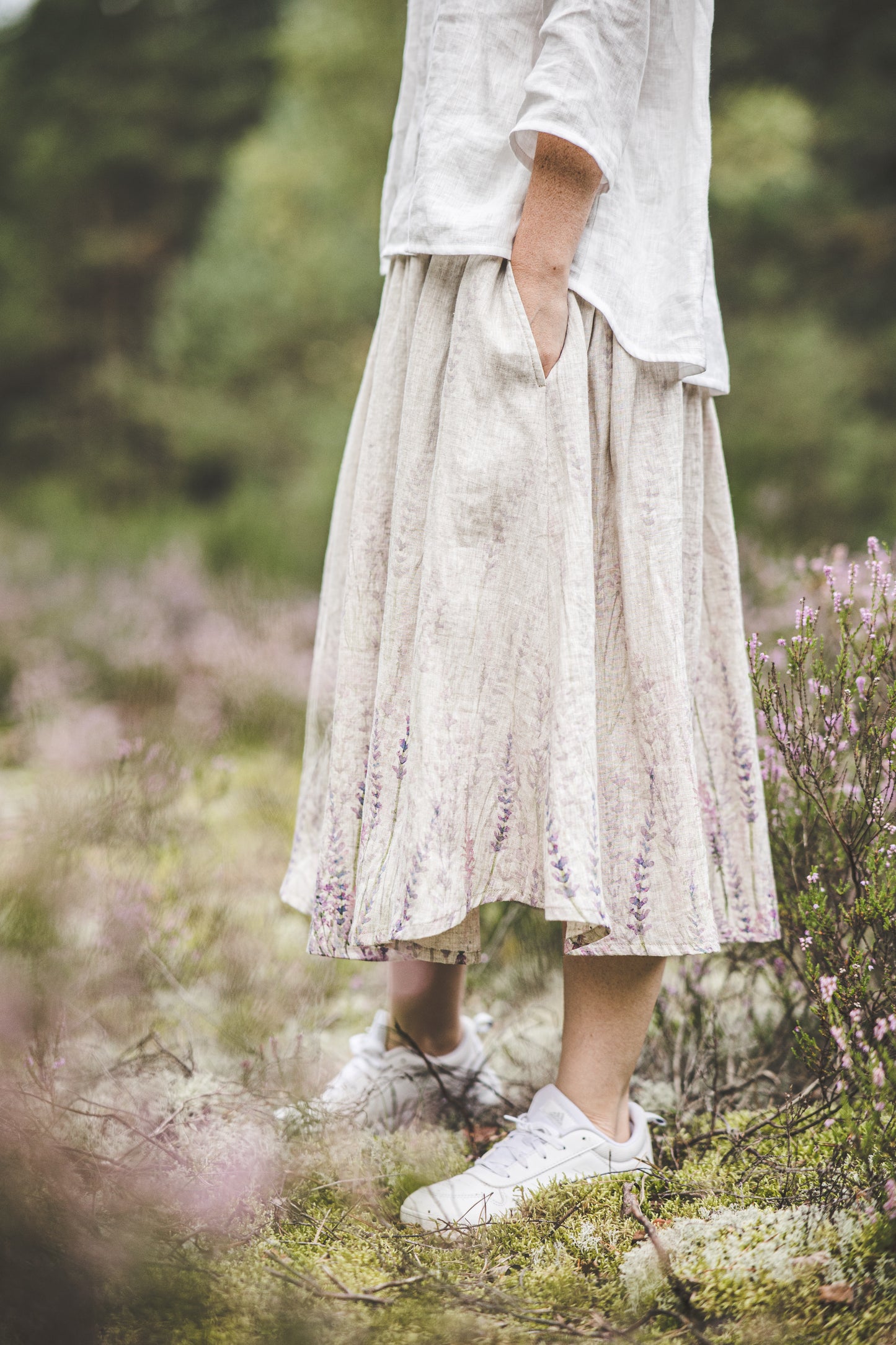 DAINA circle midi linen skirt with Lavender print