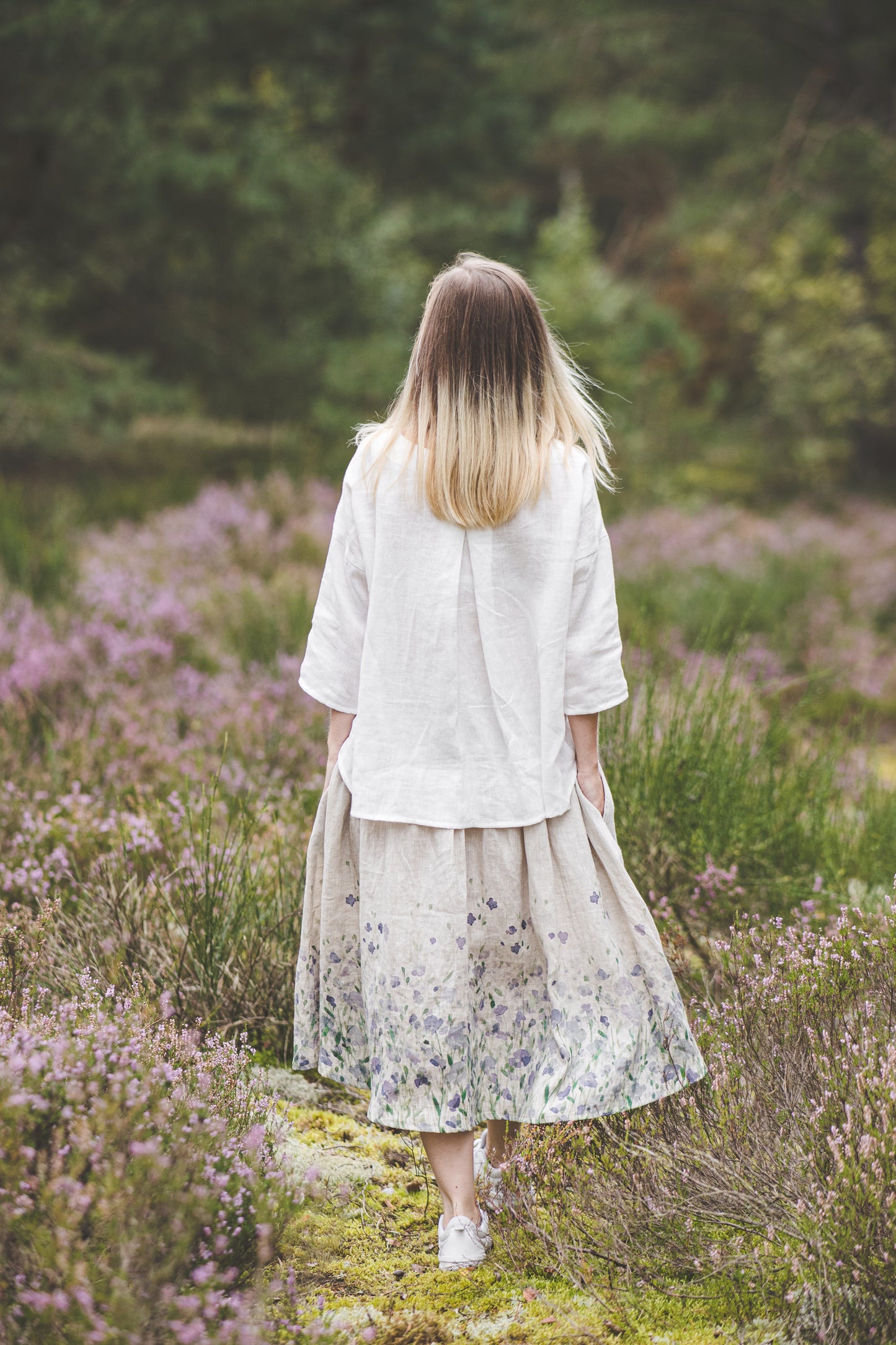 Natural eco-friendly mid-calf linen skirt with pockets