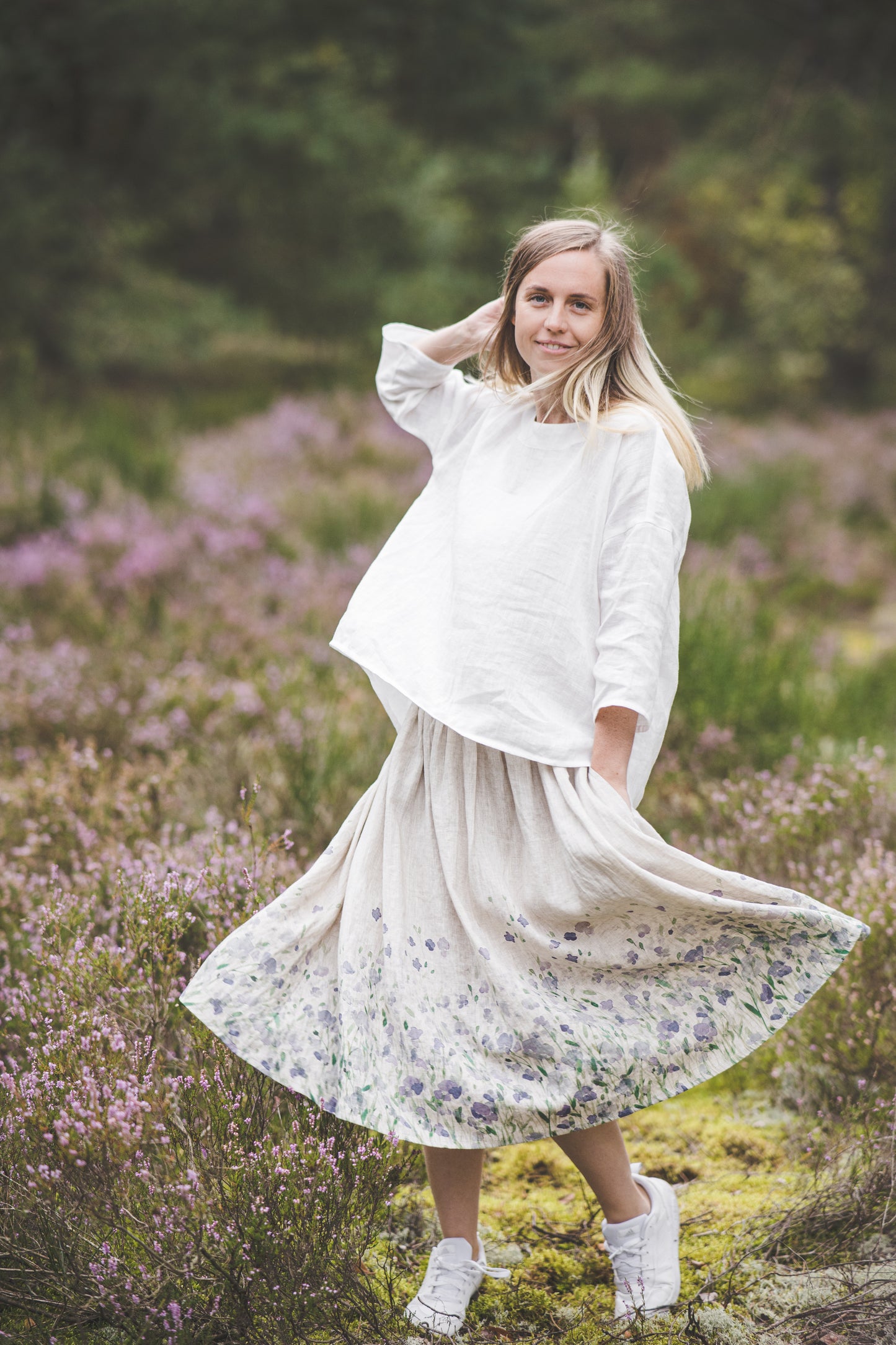 Circle wide natural linen skirt with romantic floral print. White linen blouse