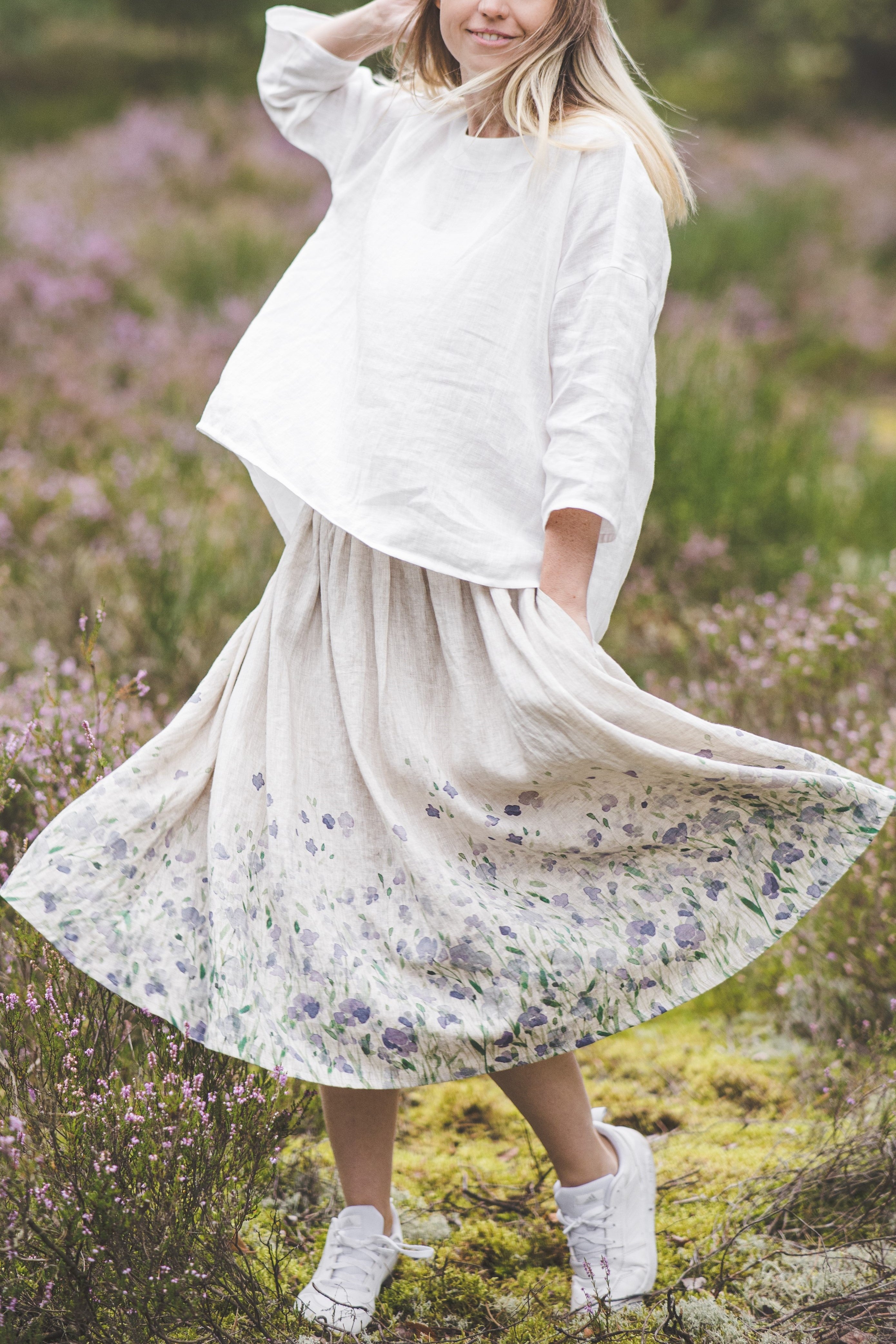 DAINA circle midi linen skirt with Lavender print – JurgaLinen DAINA circle midi linen skirt with Lavender print – JurgaLinen