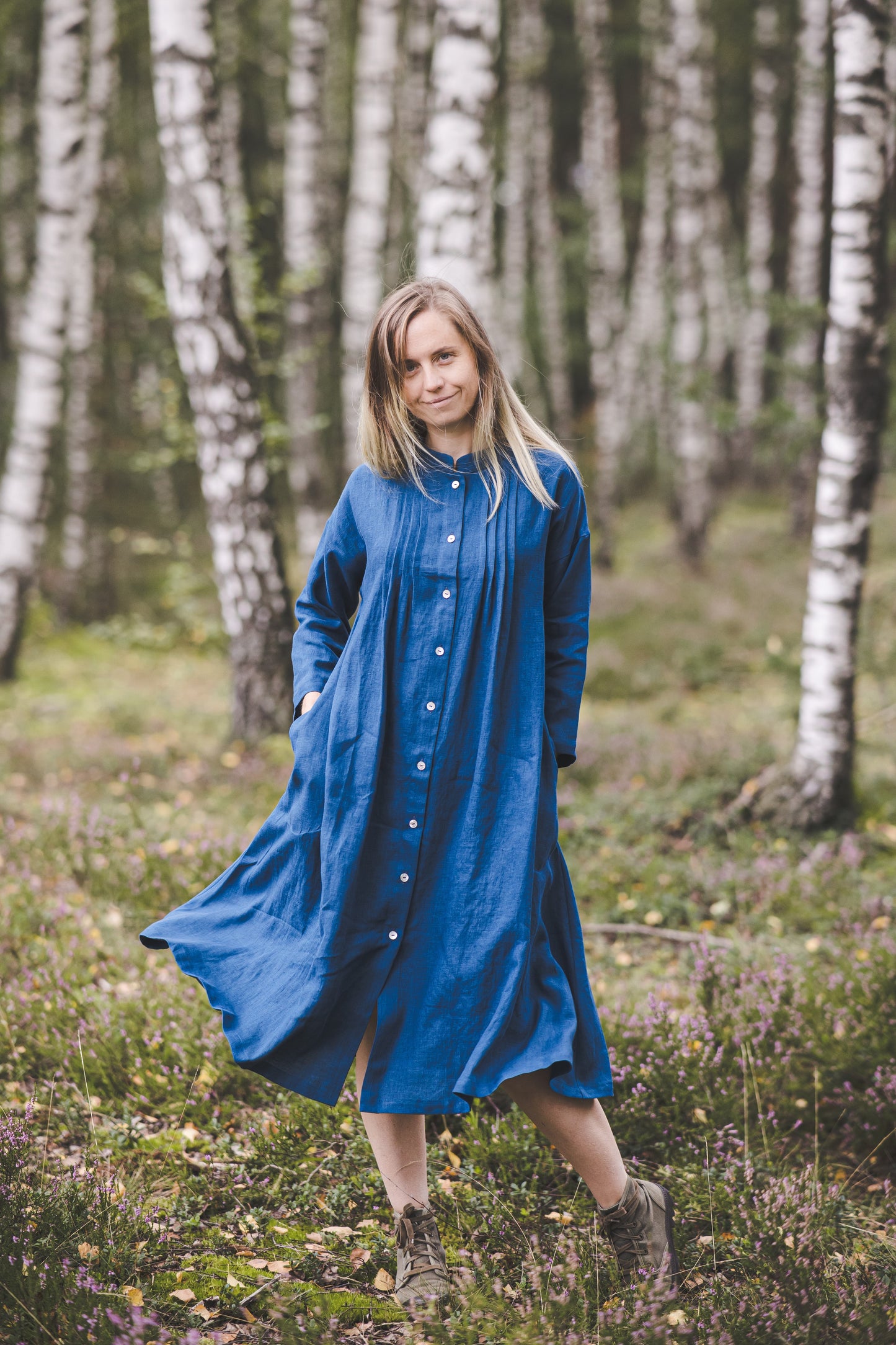 Bright blue front buttons long sleeves linen shirt dress
