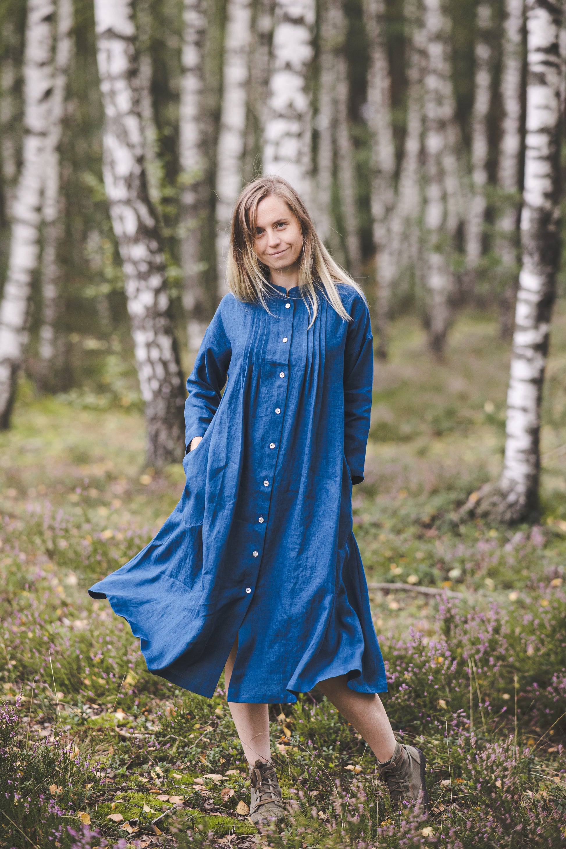 Bright blue front buttons long sleeves linen shirt dress