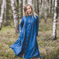 Bright blue front buttons long sleeves linen shirt dress