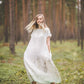 PIEVA short sleeves maxi linen dress with Linen field print
