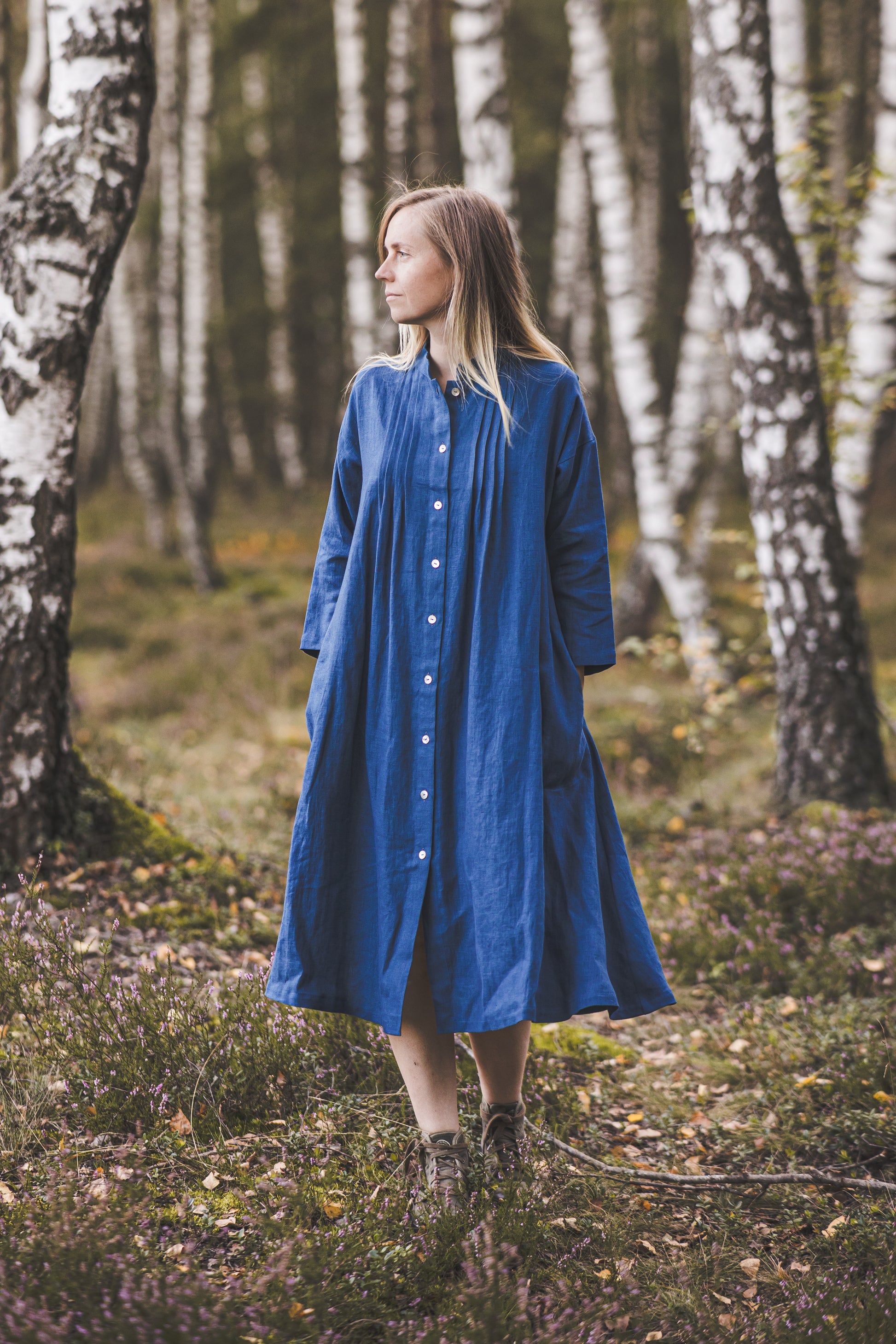 Azure blue flattering wide linen shirt dress