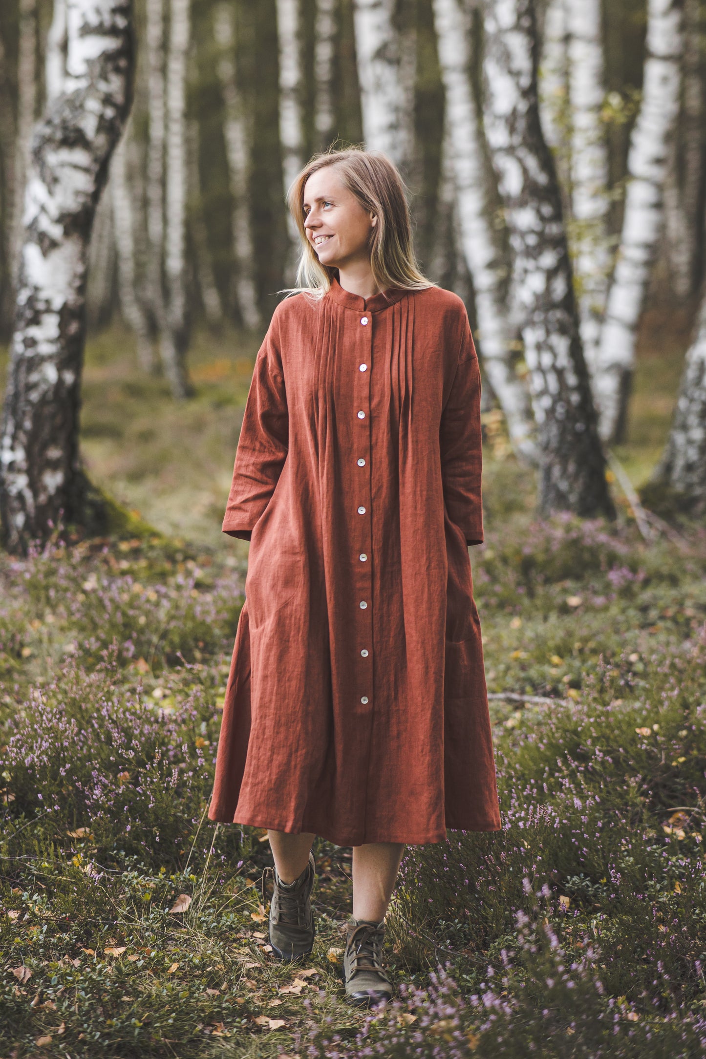 SUTEMA front buttons 3/4 sleeves linen shirtdress in Red bricks color