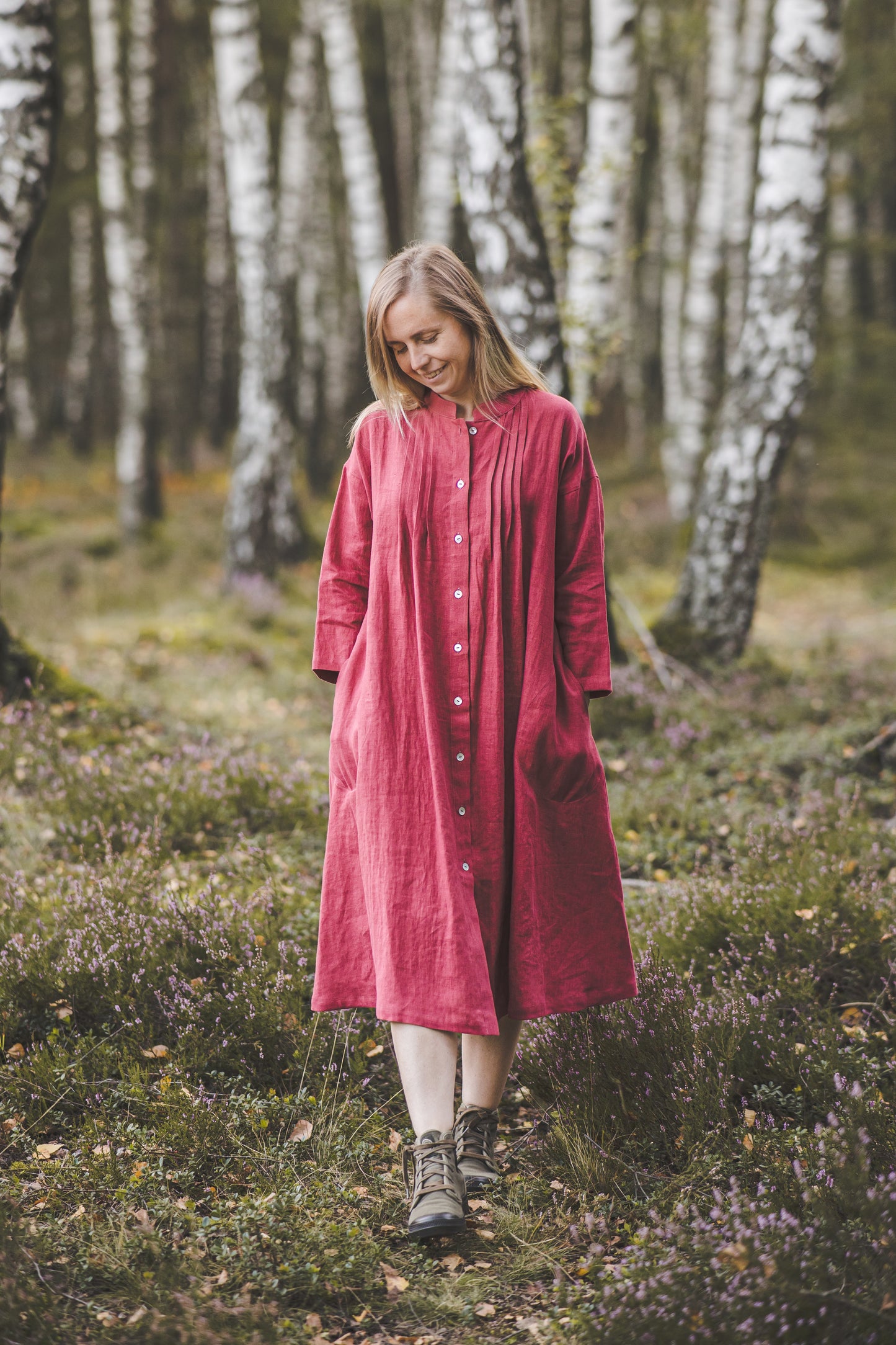 SUTEMA front buttons 3/4 sleeves linen shirtdress in Watermelon color