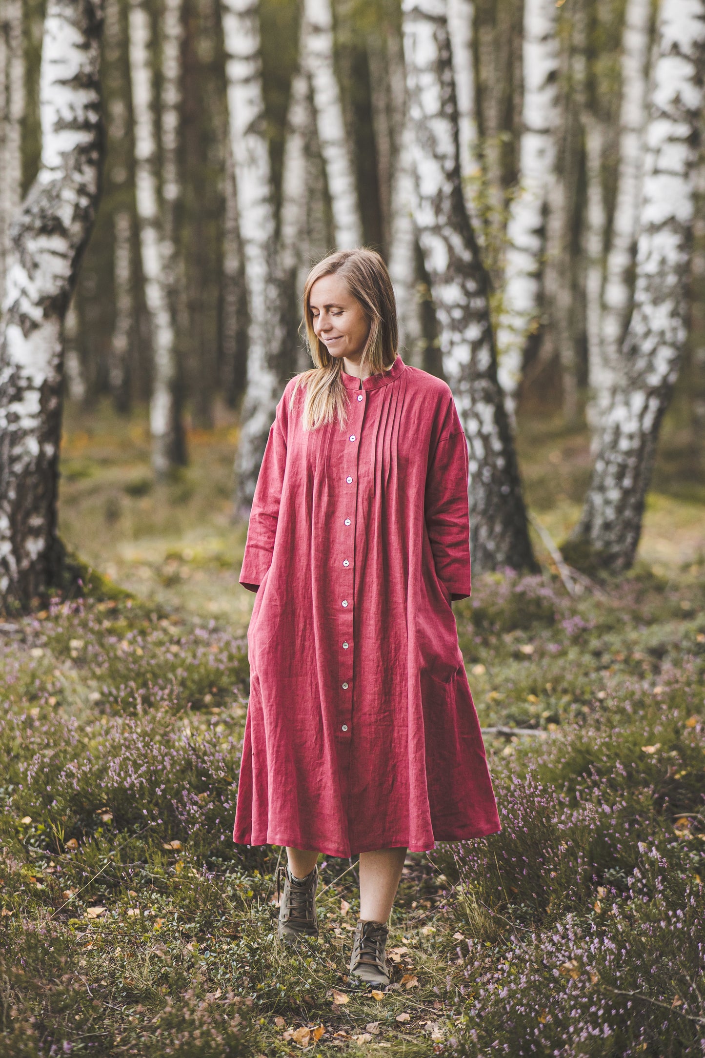 SUTEMA front buttons 3/4 sleeves linen shirtdress in Watermelon color