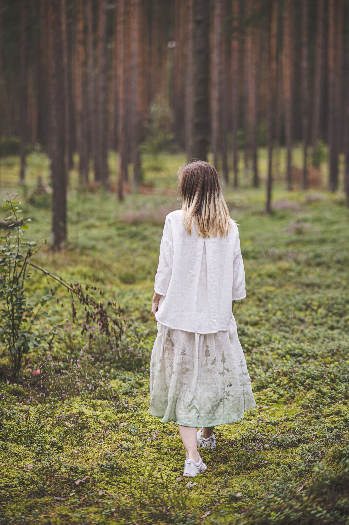 DAINA circle midi linen skirt with Green Ombre Forest print