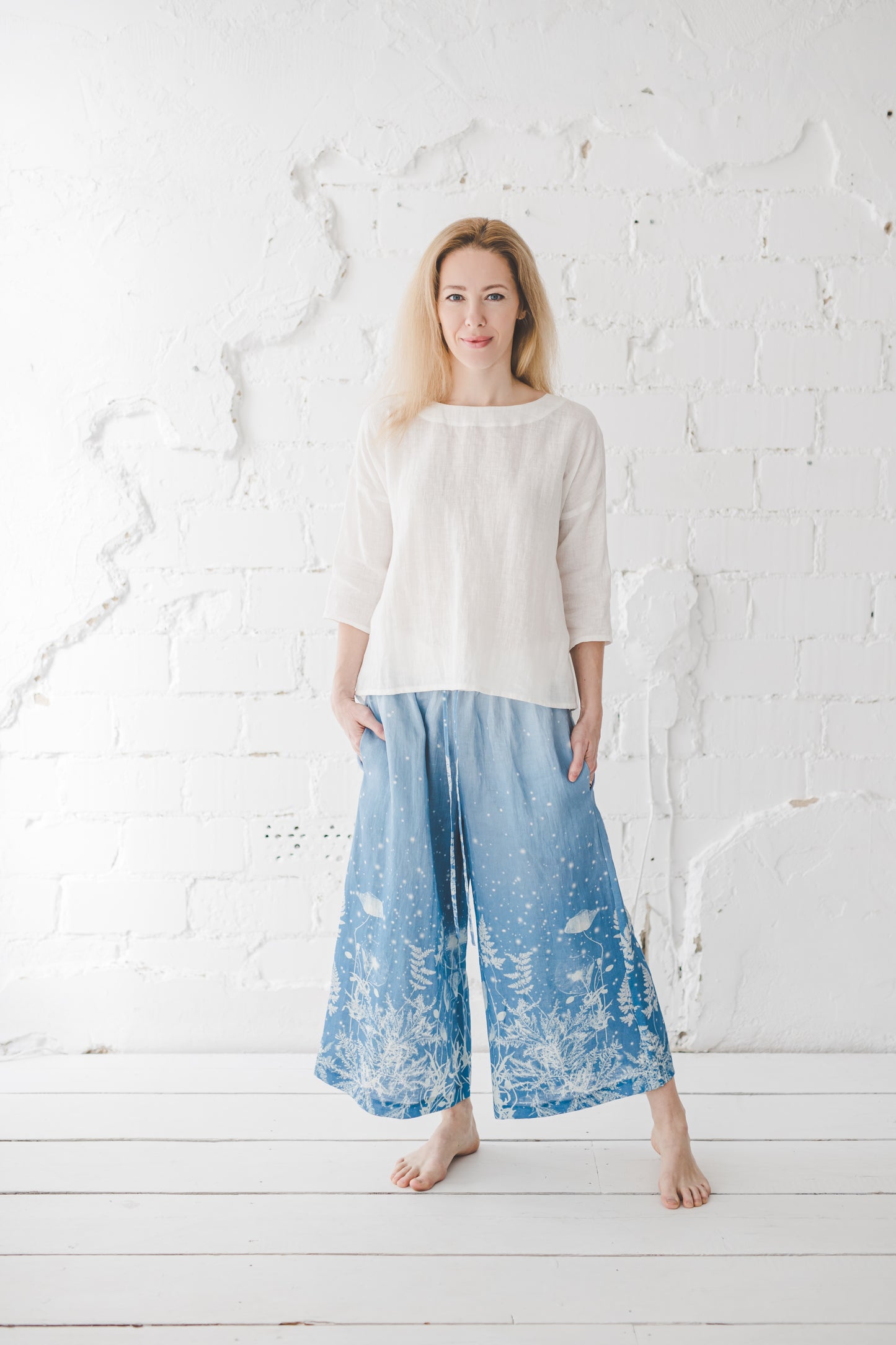 TYLA wide leg linen culottes pants with Blue Ombre Floral print