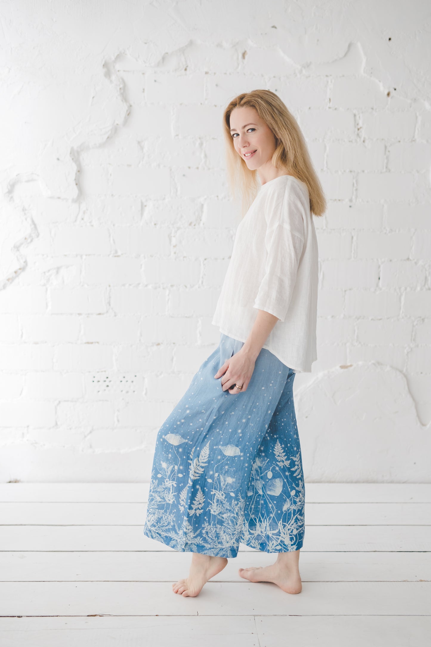 TYLA wide leg linen culottes pants with Blue Ombre Floral print