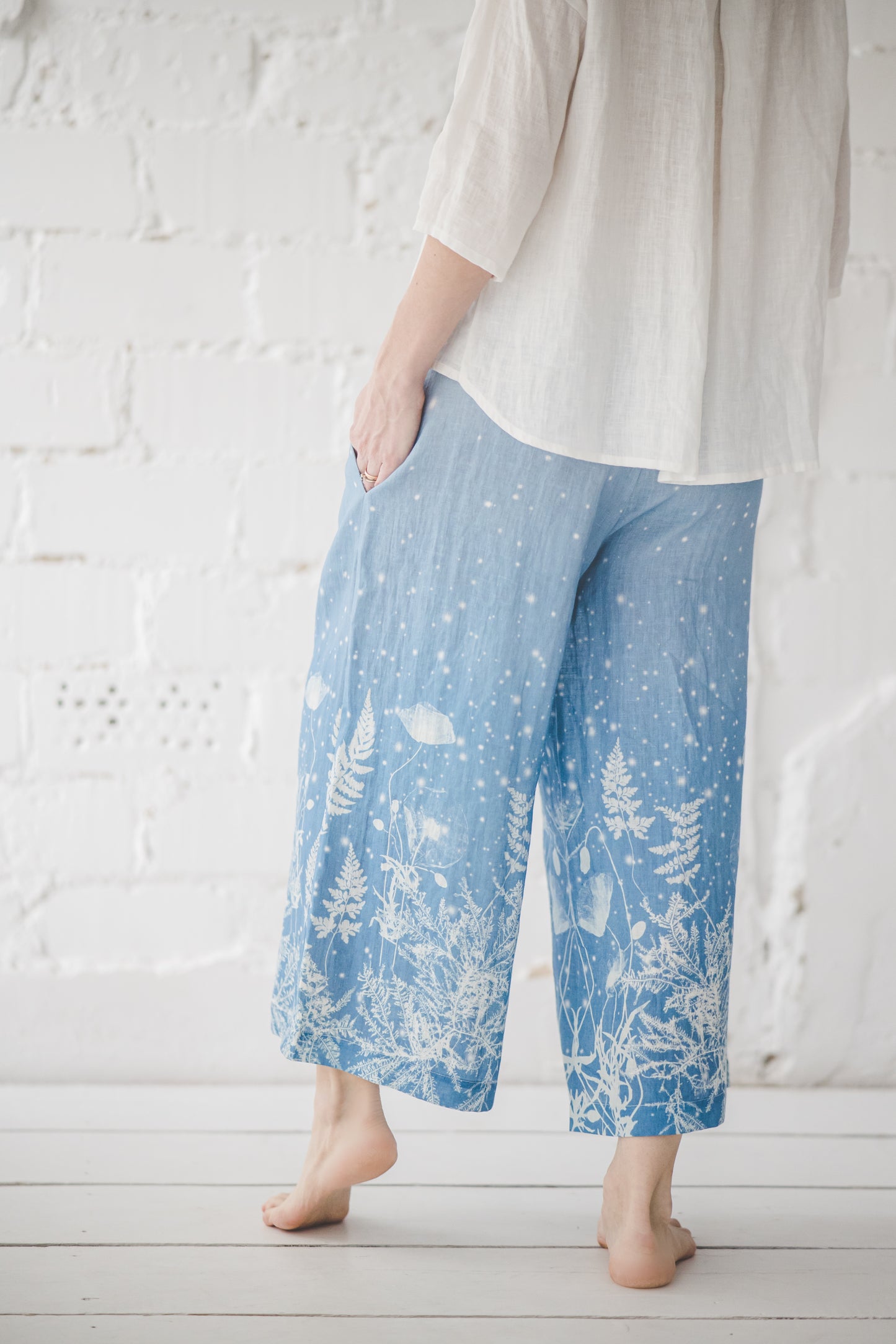 TYLA wide leg linen culottes pants with Blue Ombre Floral print