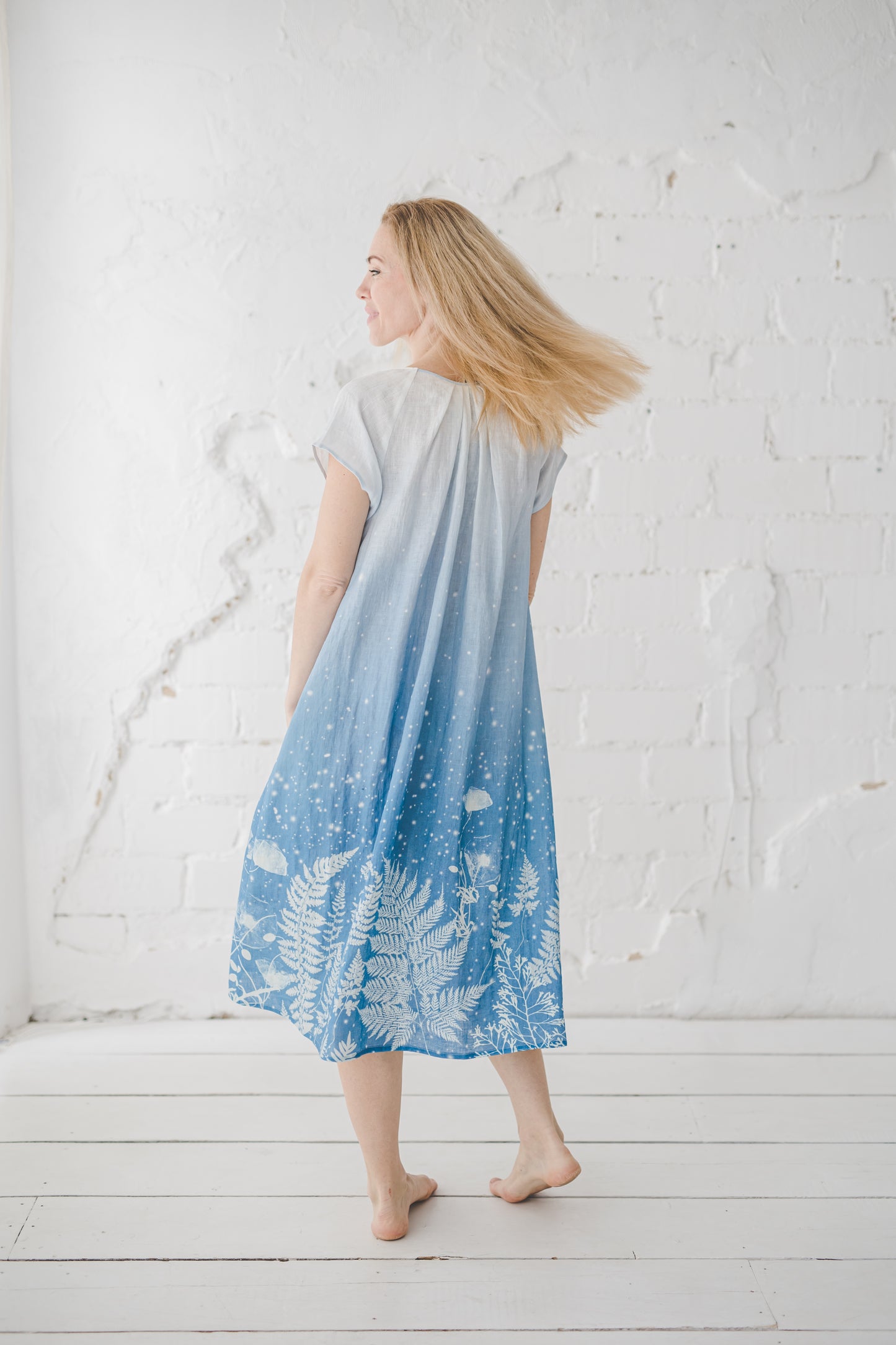 RASA short sleeves maxi linen dress with Blue Ombre Floral print