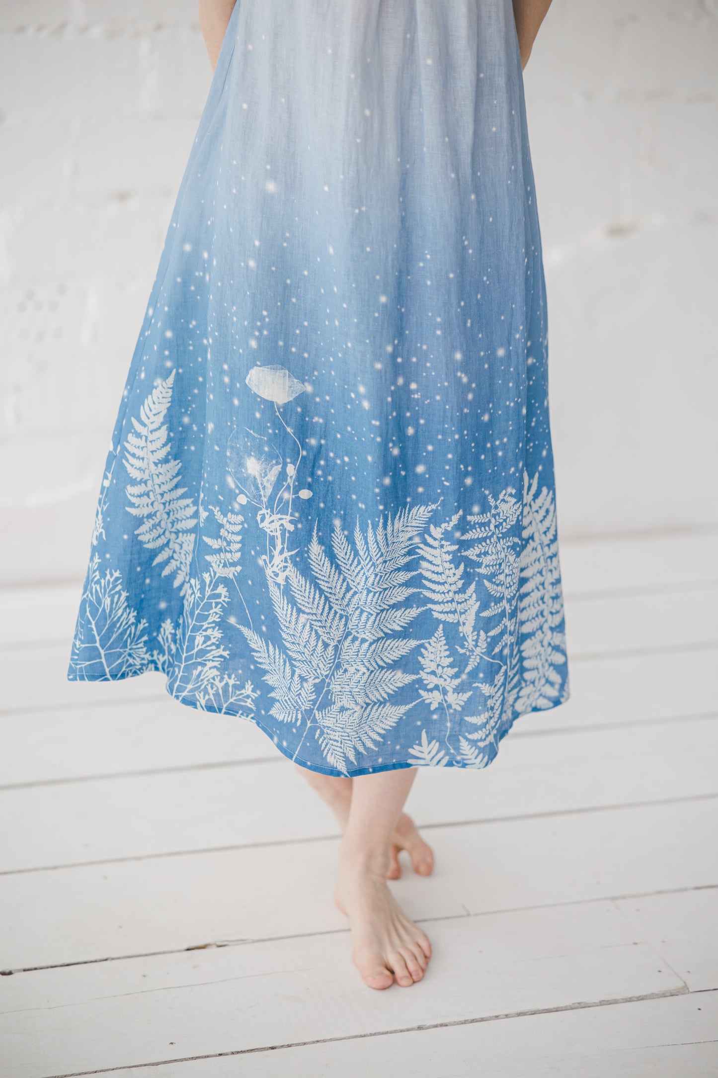 RASA short sleeves maxi linen dress with Blue Ombre Floral print