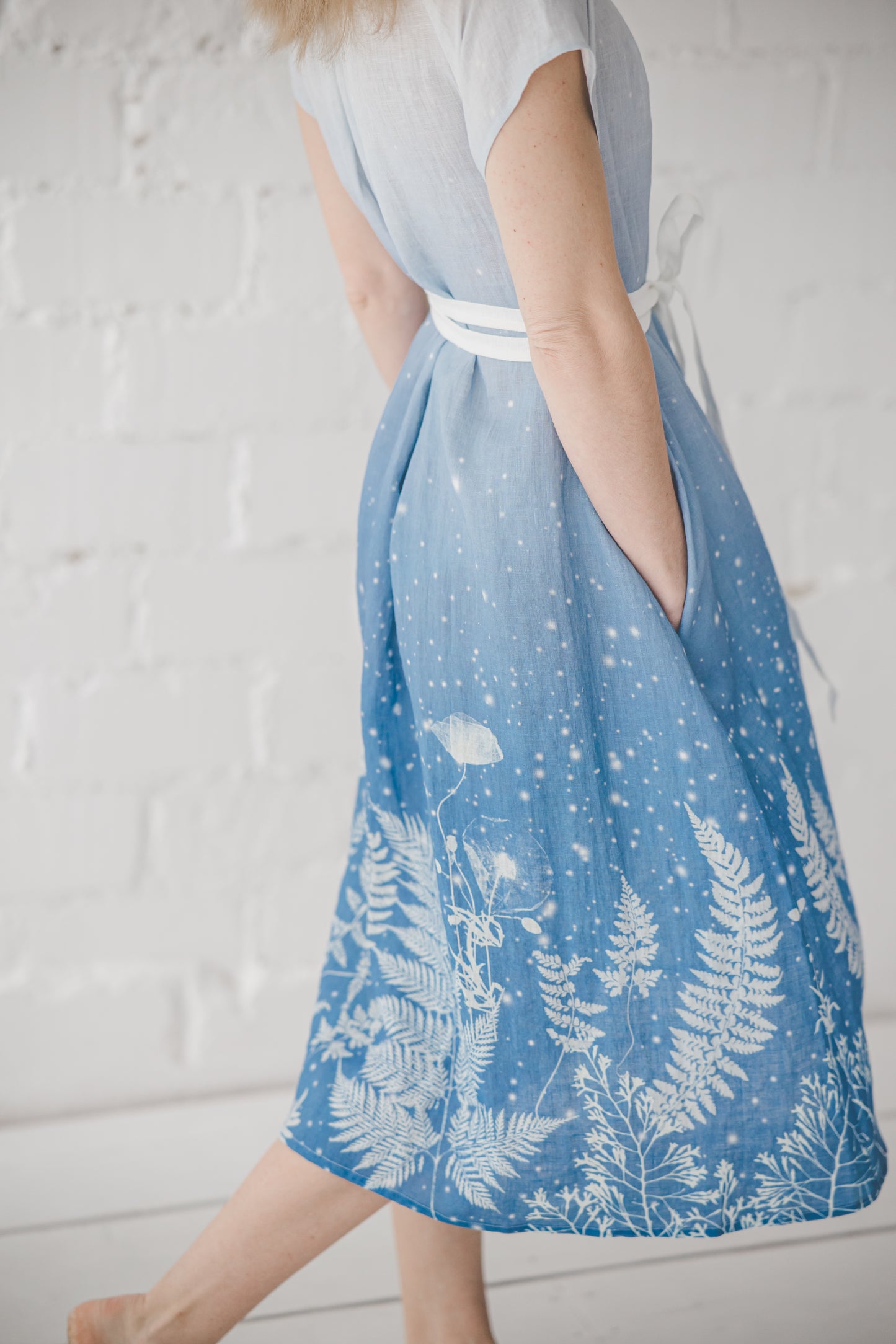 RASA short sleeves maxi linen dress with Blue Ombre Floral print