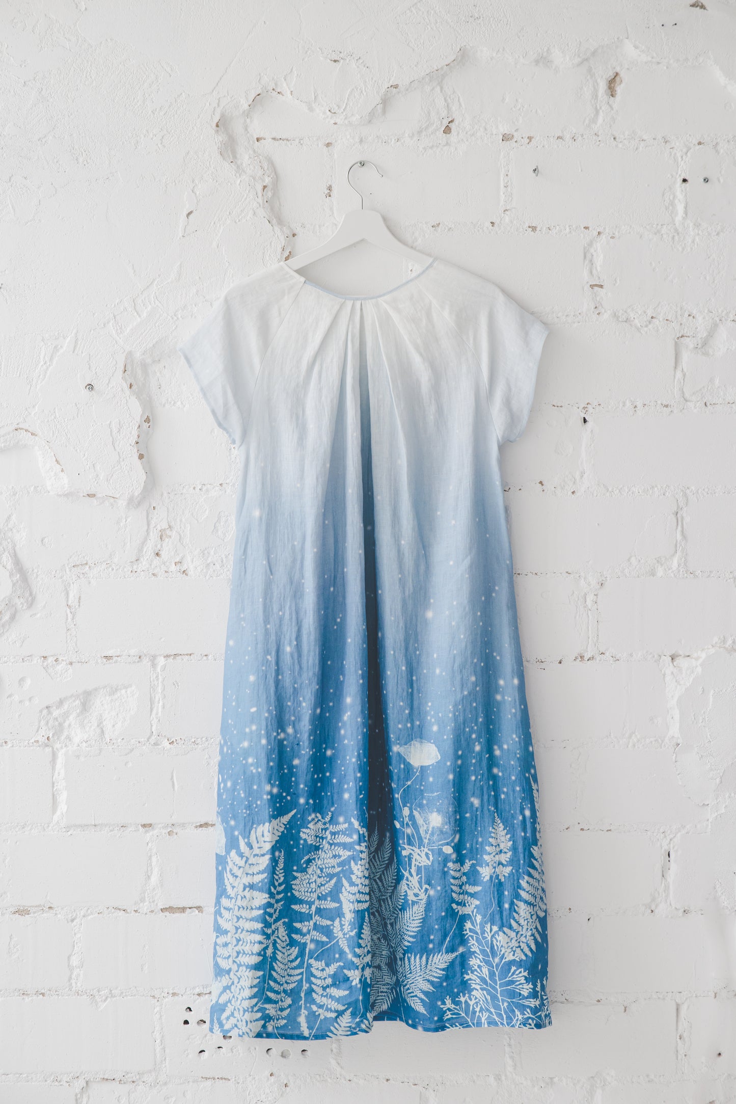 RASA short sleeves maxi linen dress with Blue Ombre Floral print