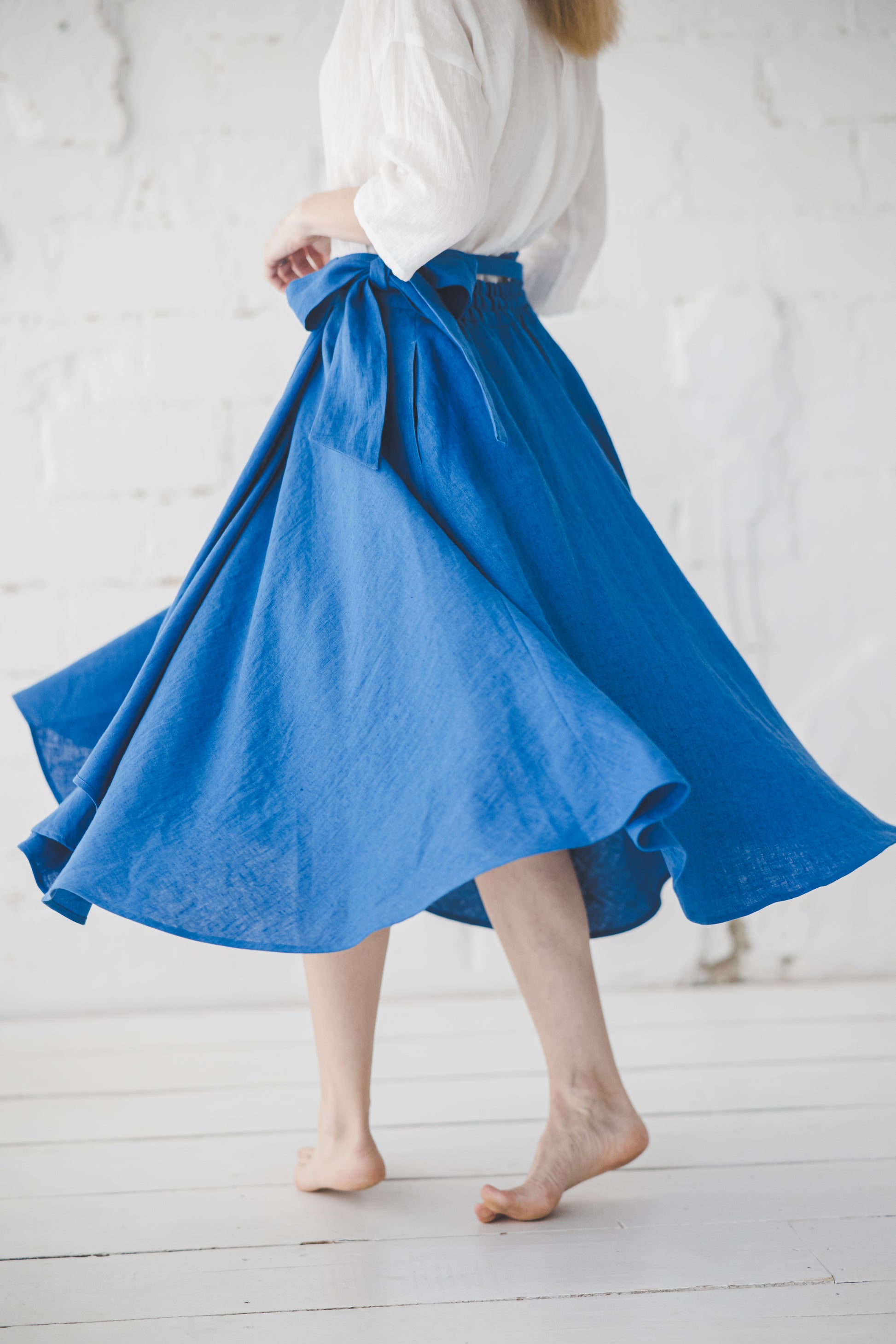 Azure blue midi full circle dancing linen skirt for all seasons