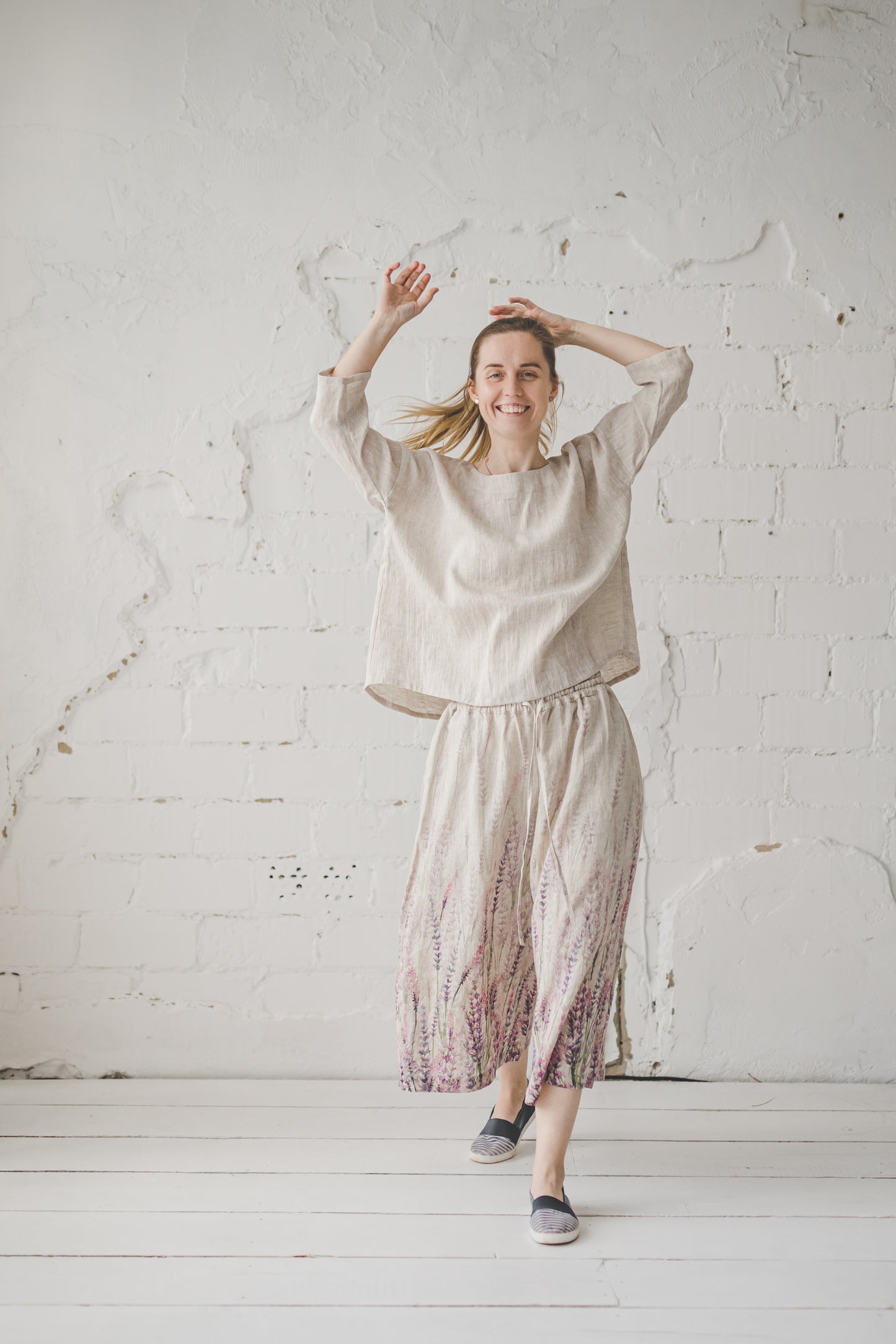 TYLA wide leg linen culottes pants with Lavender print