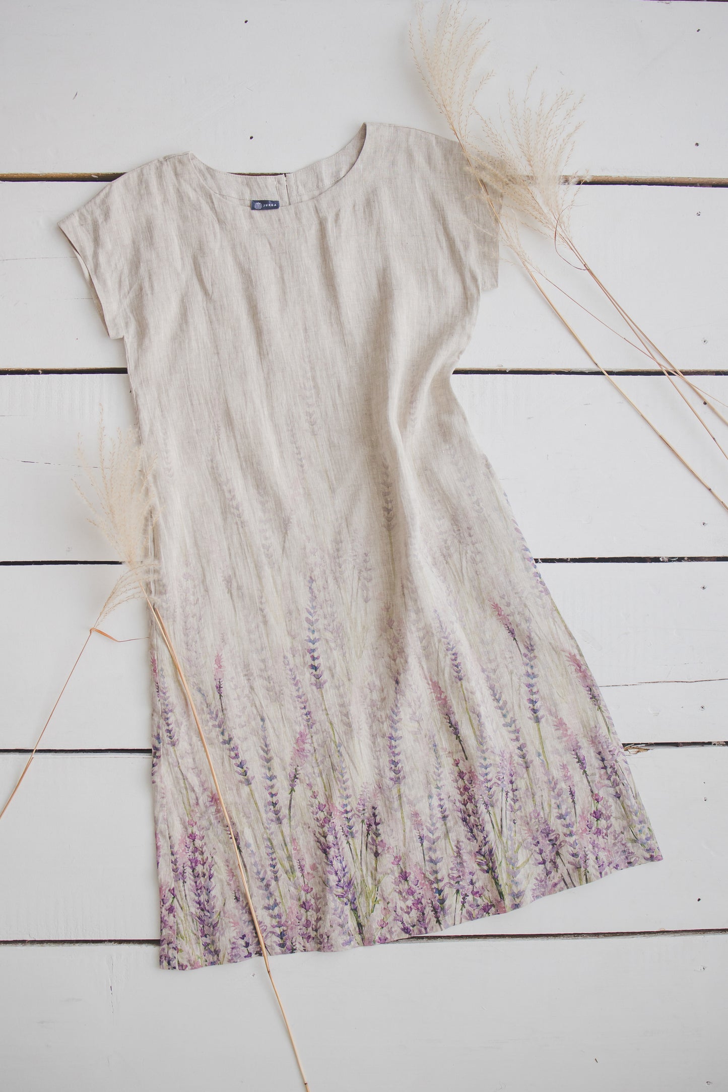 RAMUNĖ short sleeves midi linen dress with Lavender print