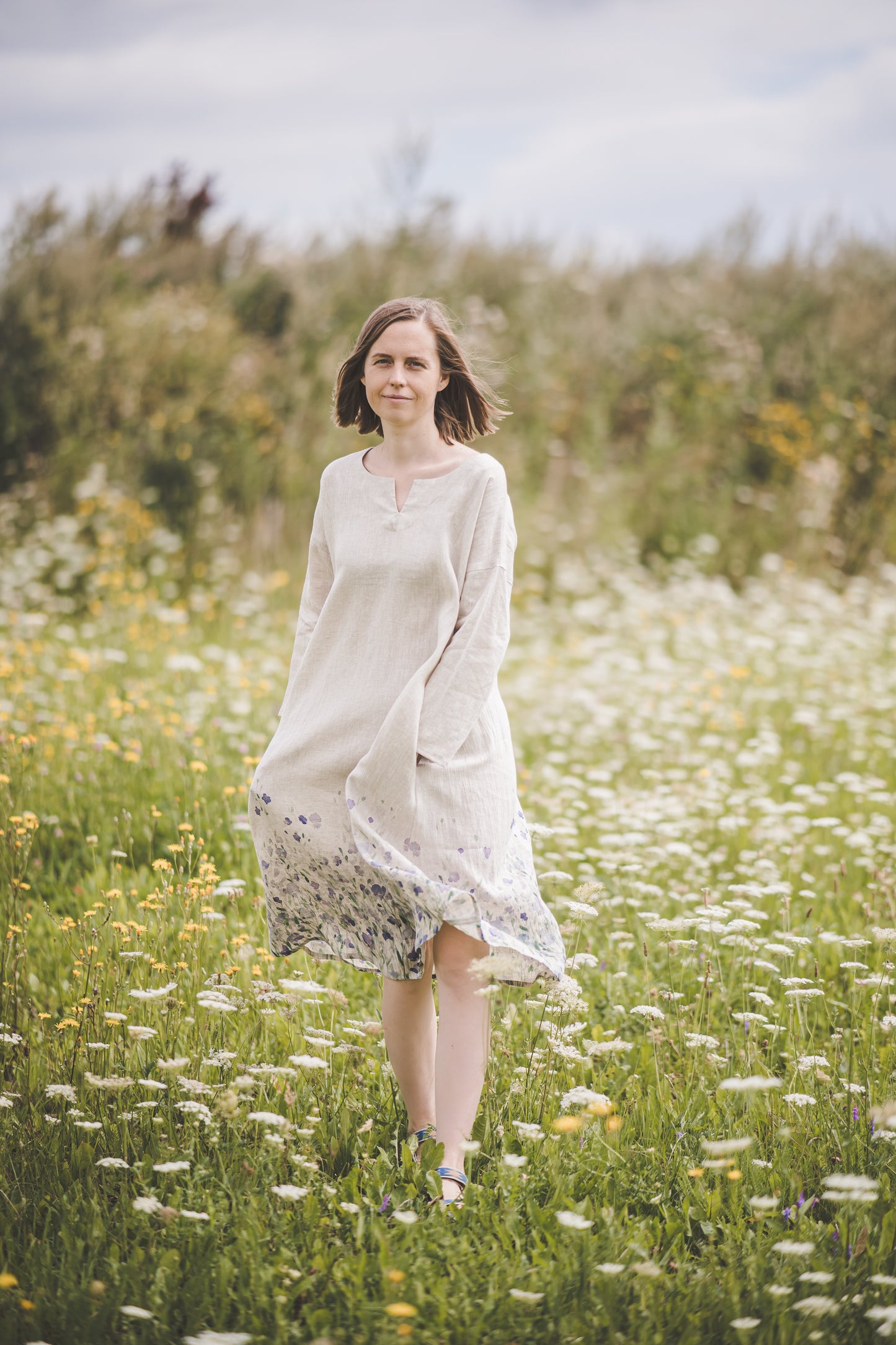 MIGLA midi linen dress with Linen field print