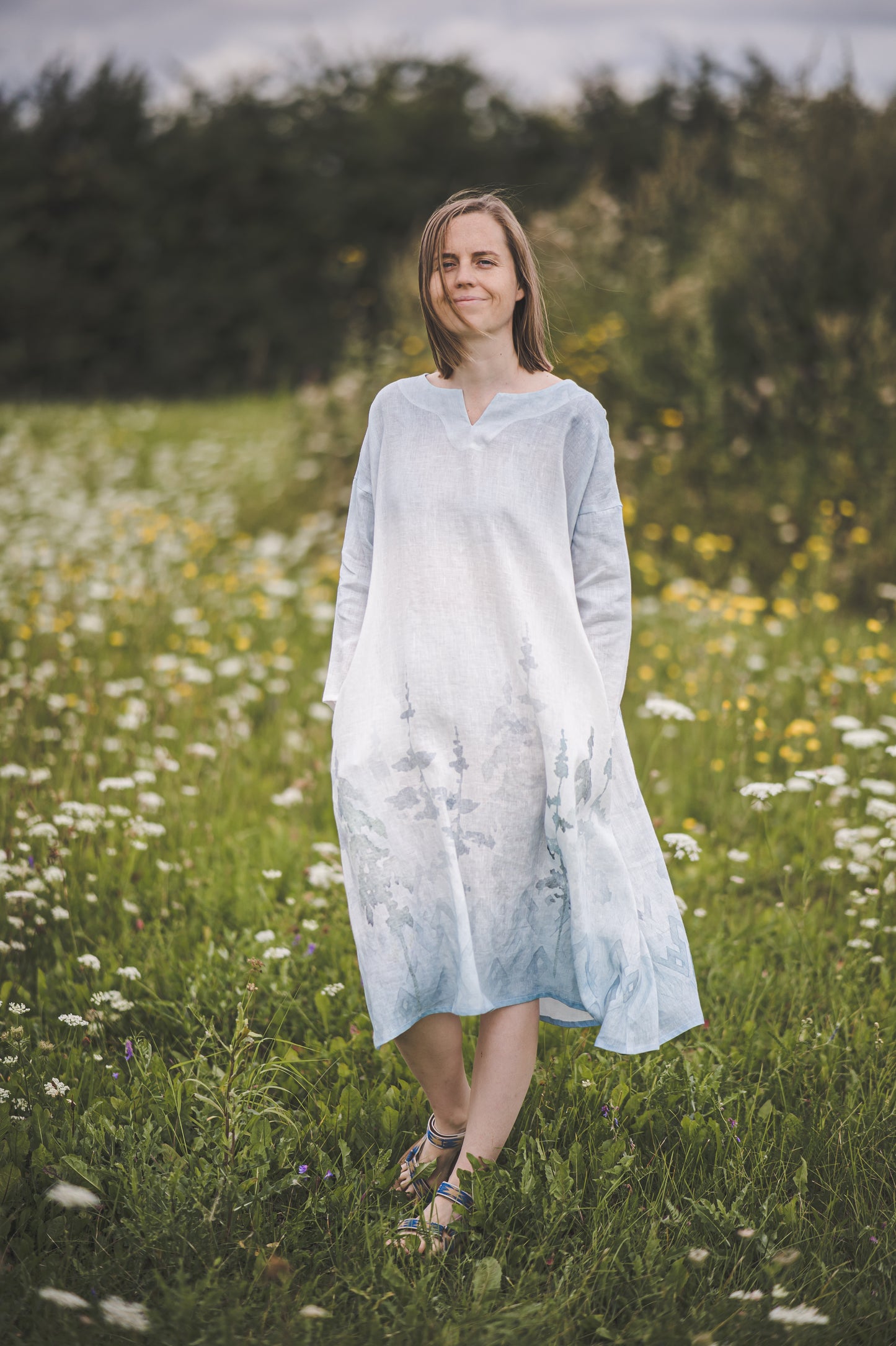 MIGLA midi linen dress with Blue Ombre Forest print