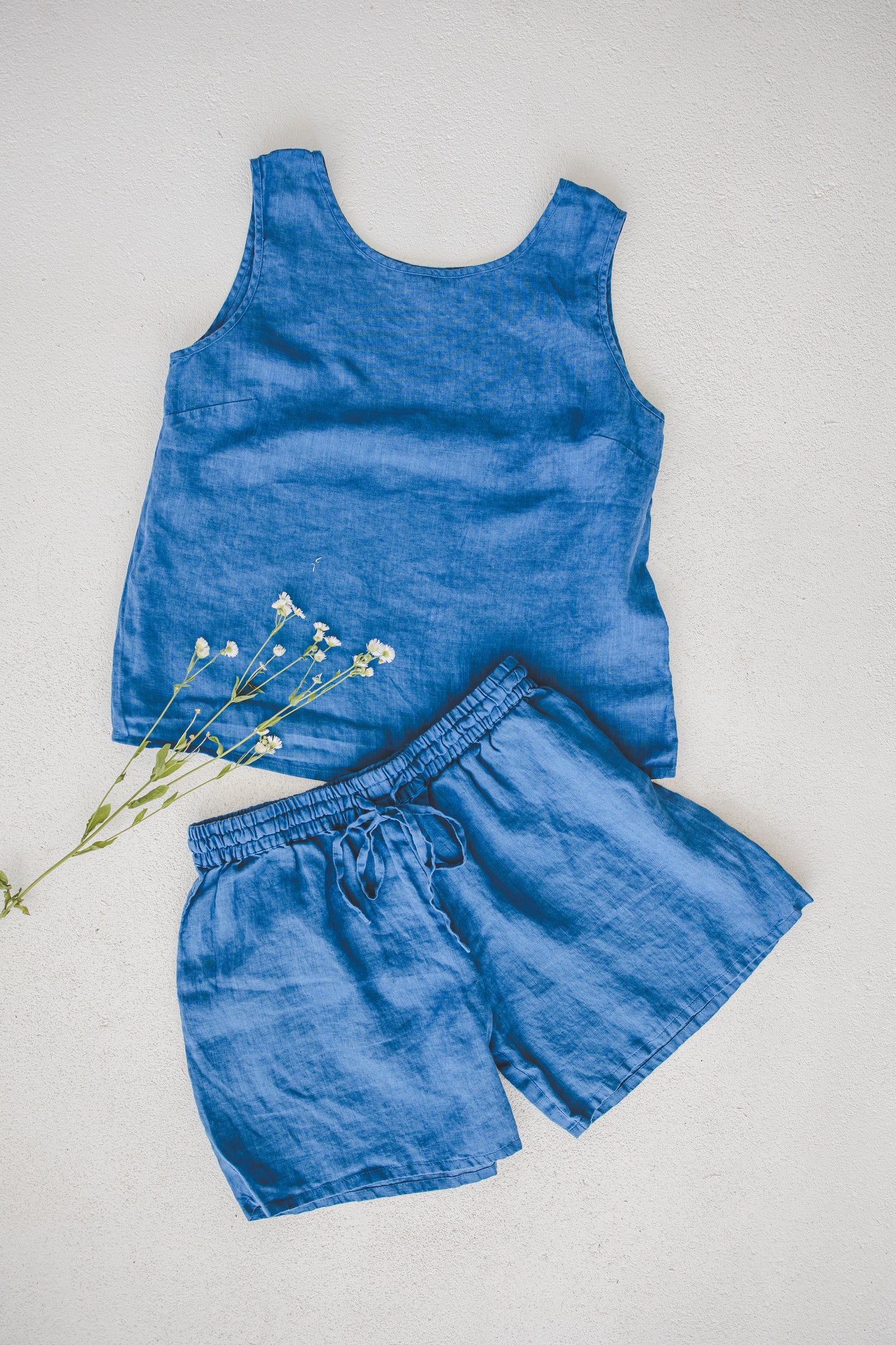 Linen pajamas of tank top & shorts in Azure blue